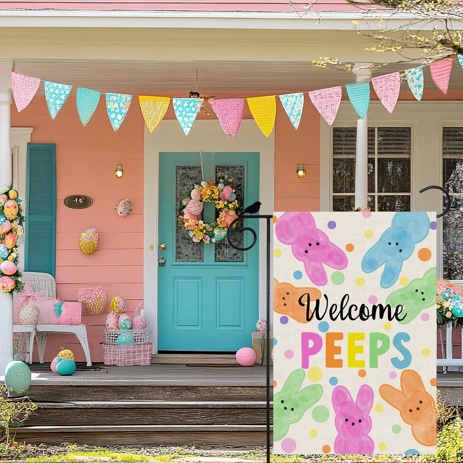 ZAEW Welcome Easter Colorful Dots Cute Bunny Watercolor Rabbits Spring Garden Flag Yard Flag 12x18 Inch Double Sided Small Mini Yard Outdoor Outside Holiday Decoration : Patio, Lawn &amp; Garden thumbnail 2