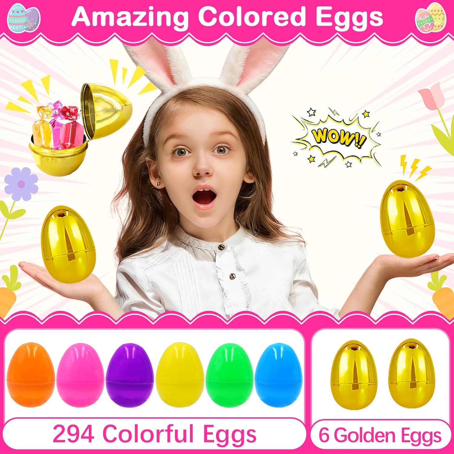 ZICZLI 300 PCS 2.4" Fillable Plastic Easter Eggs with 6 Golden Eggs, Empty Colorful Eggs for Kids Easter Hunt Classroom Rewards Basket Stuffers Easter Party Favors : Toys &amp; Games thumbnail 3