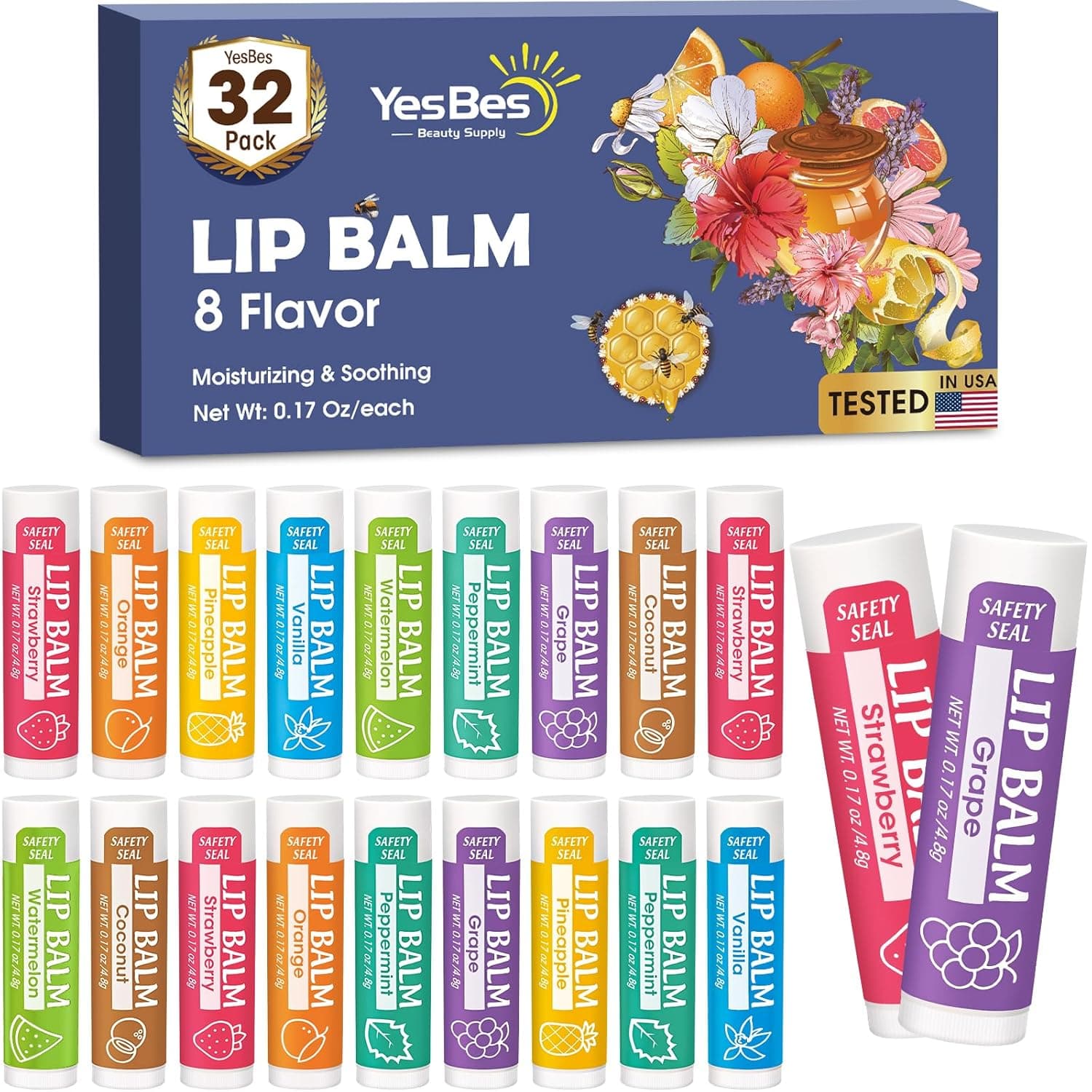 YesBes 32 Pack Lip Balm, Natural Lip Balm Bulk with Vitamin E and Coconut Oil, Moisturizing Lip Balms for Dry Cracked Lips, Lip Balms for Valentines Gifts Stocking Stuffers - 8 Flavors : Beauty &amp; Personal Care — Easter Gifts gift idea