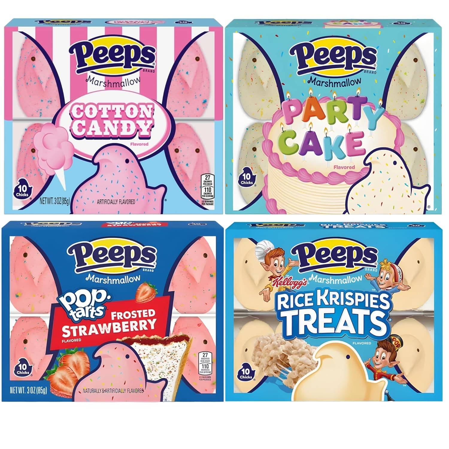 PEEPS Easter Marshmallow Candy Variety Pack, Flavored Marshmallow Chicks, Cotton Candy, Party Cake, Frosted Strawberry Tarts &amp; Rice Krispies Treats, Pack of 4, 10ct Each (40 Chicks Total) : Grocery &amp; Gourmet Food image 1