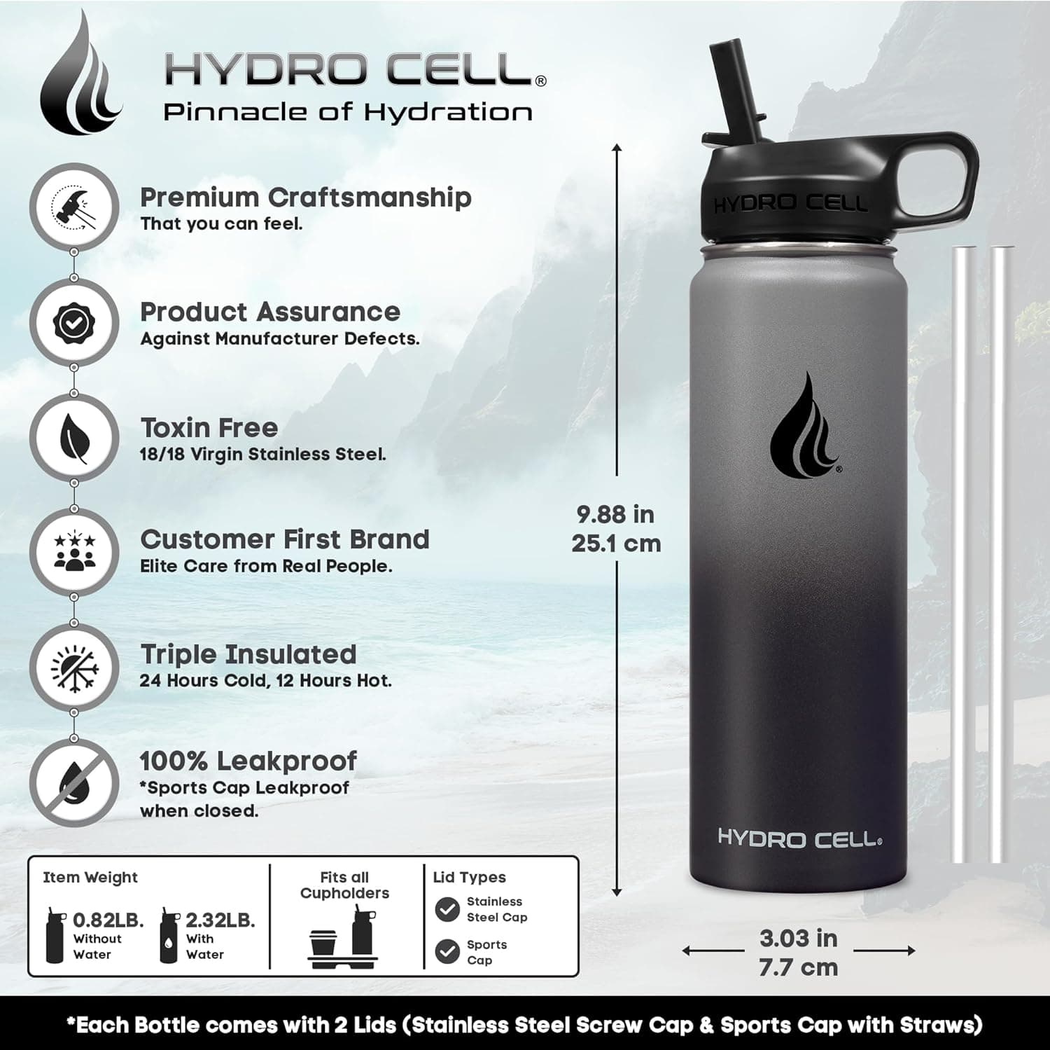 HYDRO CELL Stainless Steel Insulated Water Bottle with Straw - For Cold &amp; Hot Drinks - Metal Vacuum Flask with Screw Cap and Modern Leakproof Sport Thermos for Adults (Graphite/Black 24oz): Home &amp; Kitchen thumbnail 3