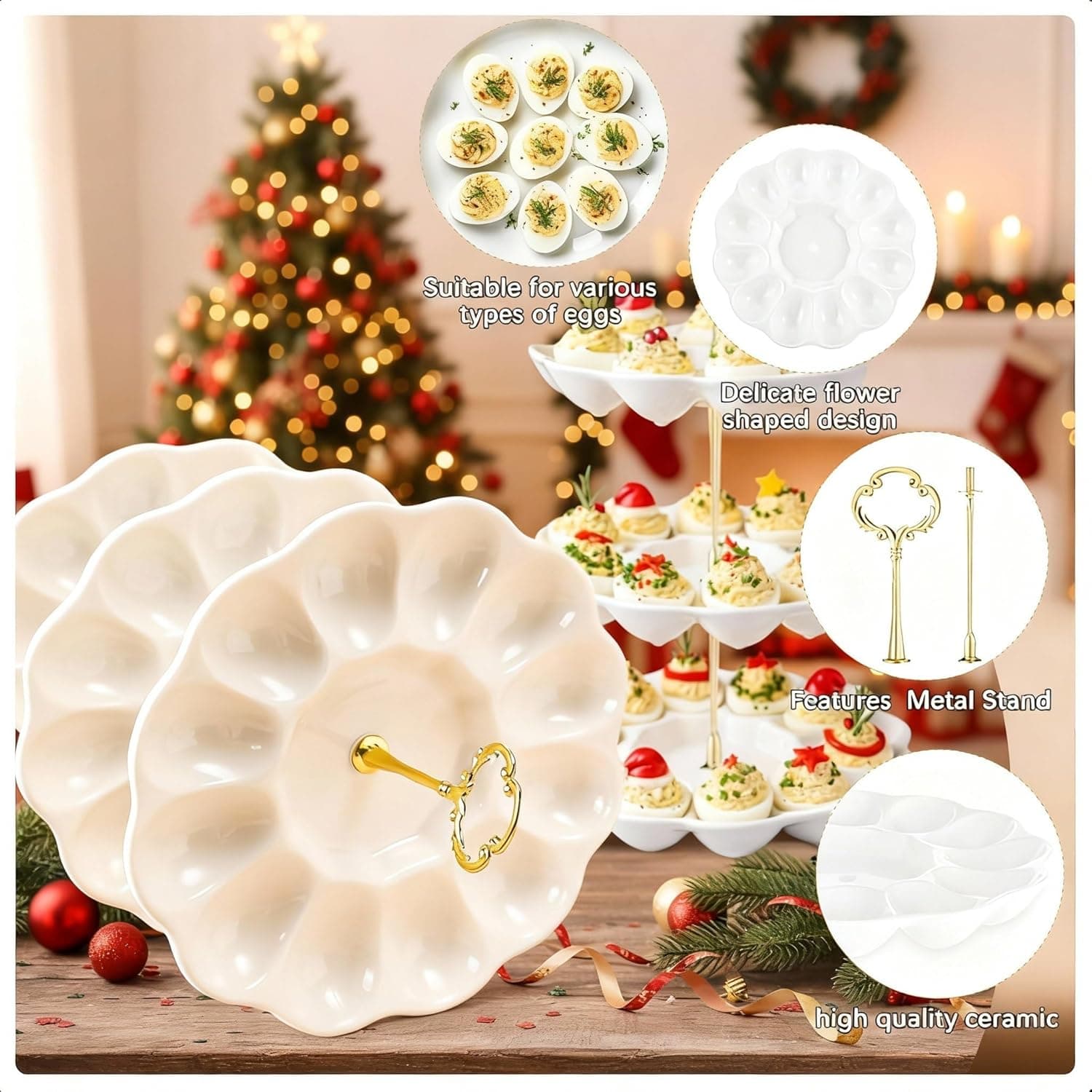 3 Tier Ceramic Easter Deviled Egg Platter 36 Hole Deviled Egg Tray Container, Detachable Eggs Holder Tower for Easter Party Food Container for Kitchen Countertop Microwave Dishwasher Freezer : Home &amp; Kitchen thumbnail 5