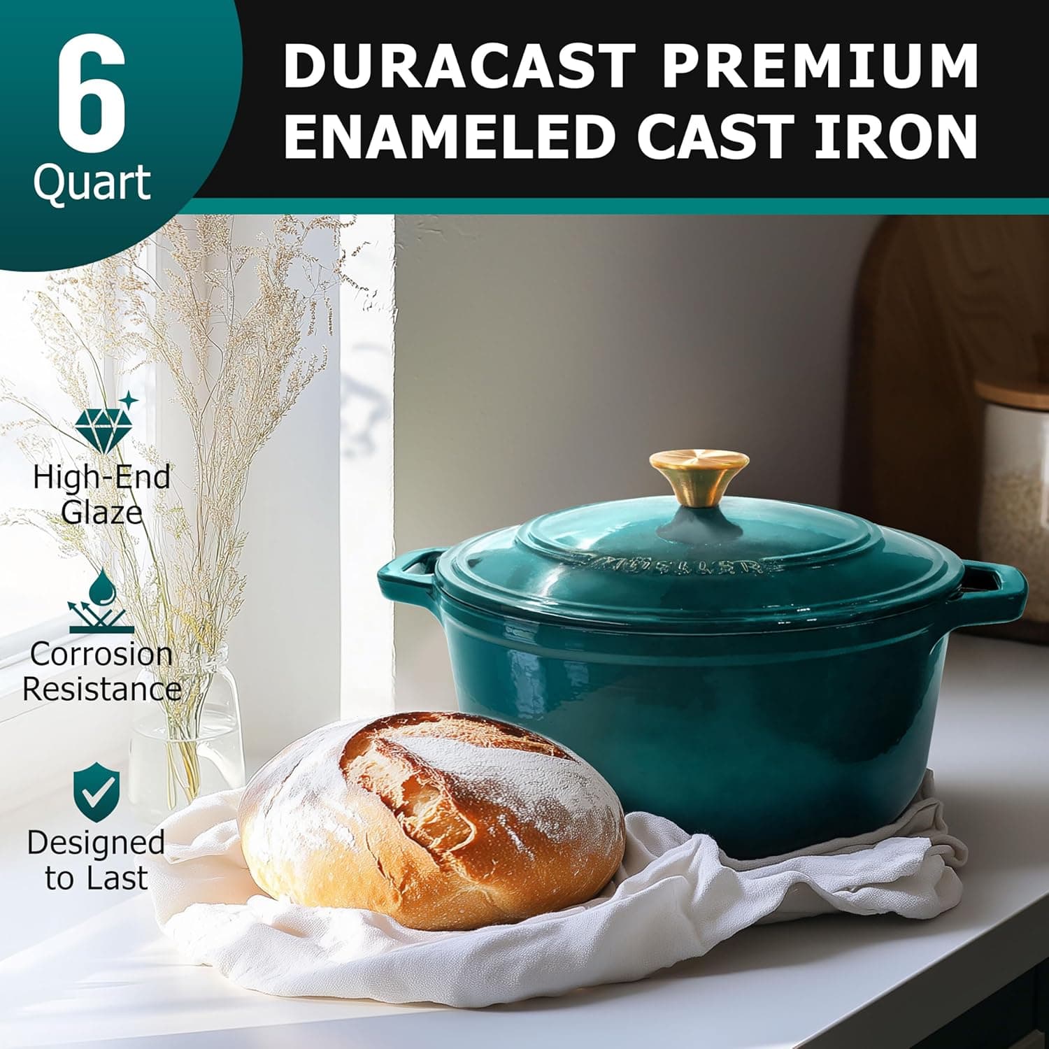 Mueller DuraCast 6 Quart Enameled Cast Iron Dutch Oven Pot, Emerald thumbnail 2