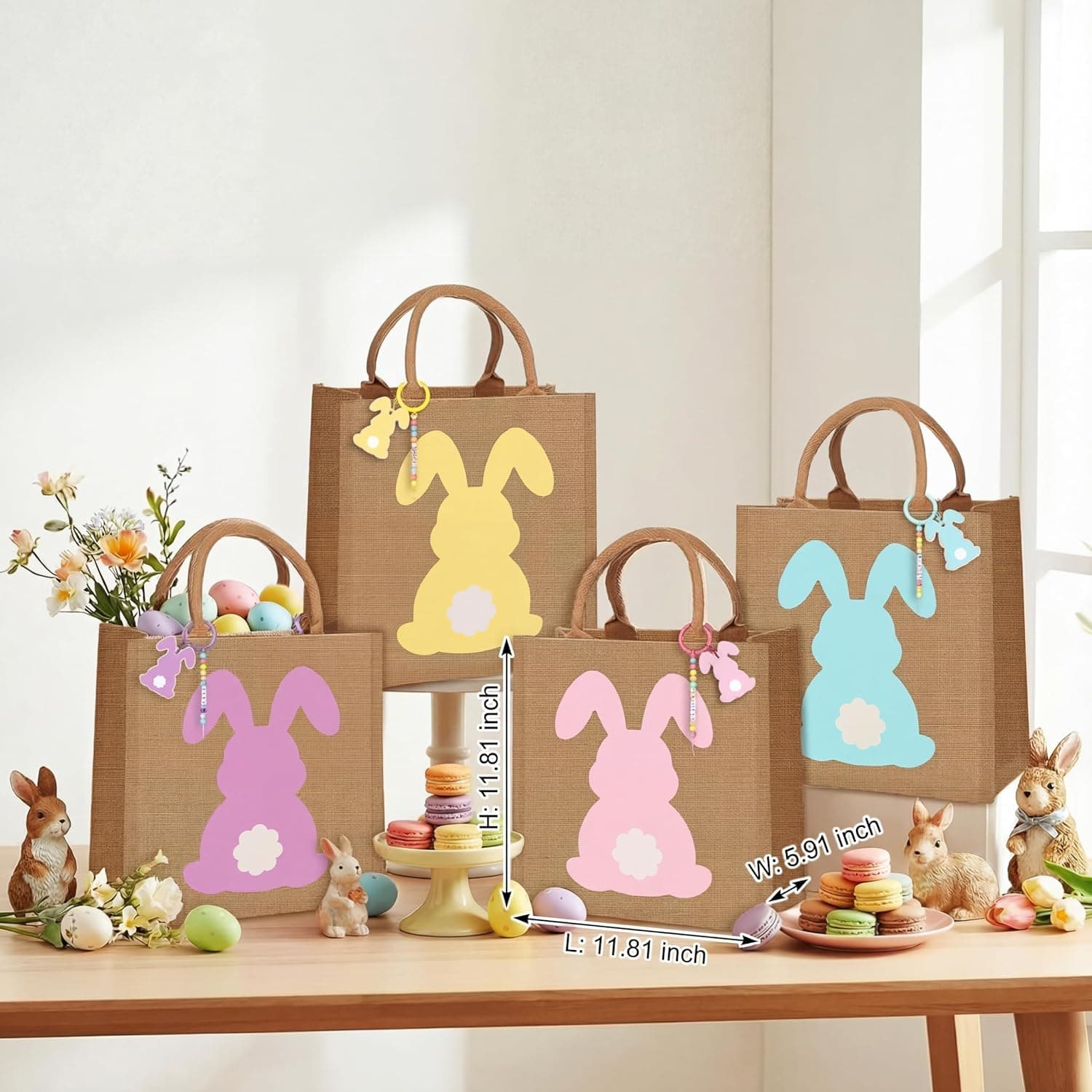 Hillban 4 Sets Personalized Easter Burlap Gift Bags Reusable Large Egg Hunt Bunny Tote with Handles and DIY Name Beads Keychain Making Kit for Women Jute Baskets for Easter Party Favors Gifts Storage : Health &amp; Household thumbnail 3