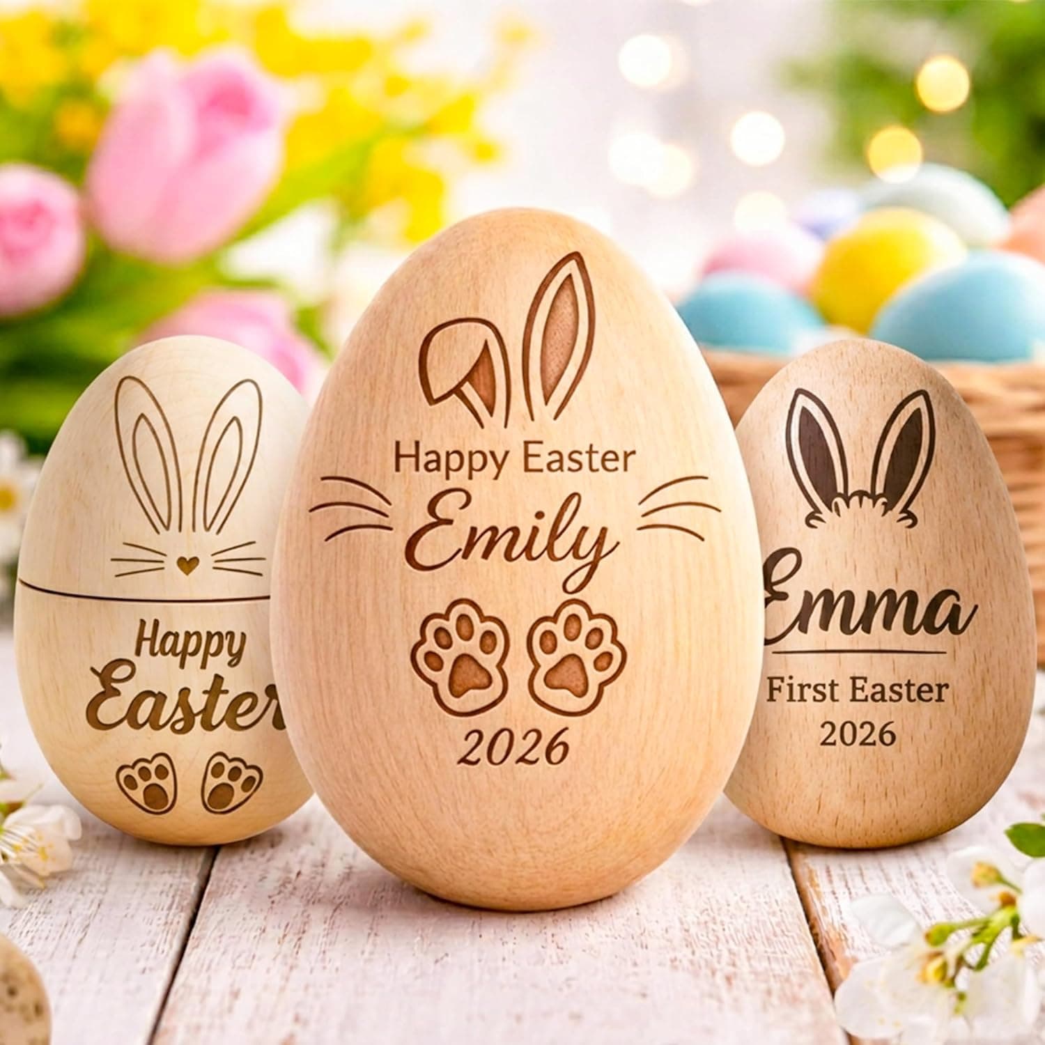 Personalized Wooden Egg with Bunny Ears - First Easter Keepsake image 1
