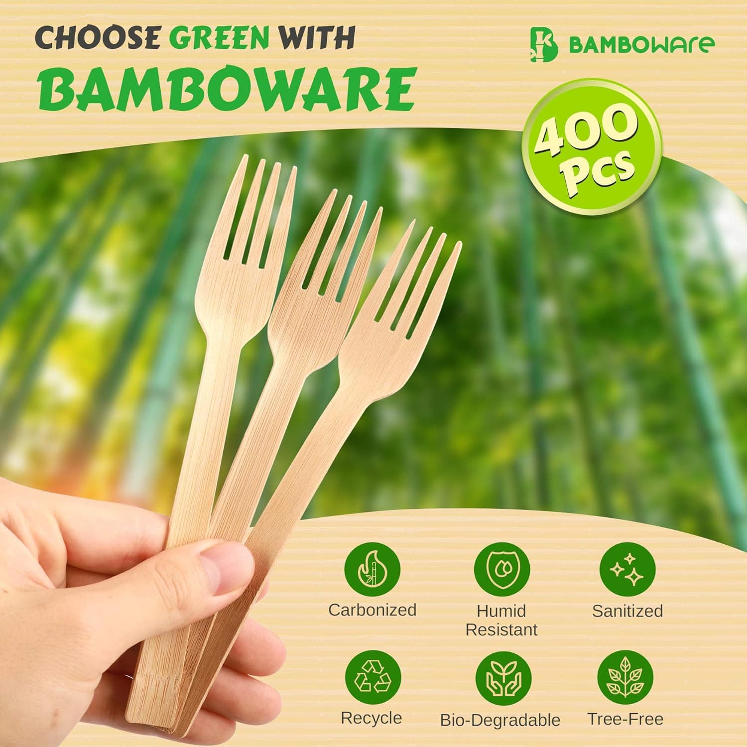 100% Bamboo Utensils - Carbonized Disposable Cutlery Biodegradable and Sanitized - Heavy Duty &amp; Fully Functional (Fork - 400 Pieces) : Health &amp; Household thumbnail 2