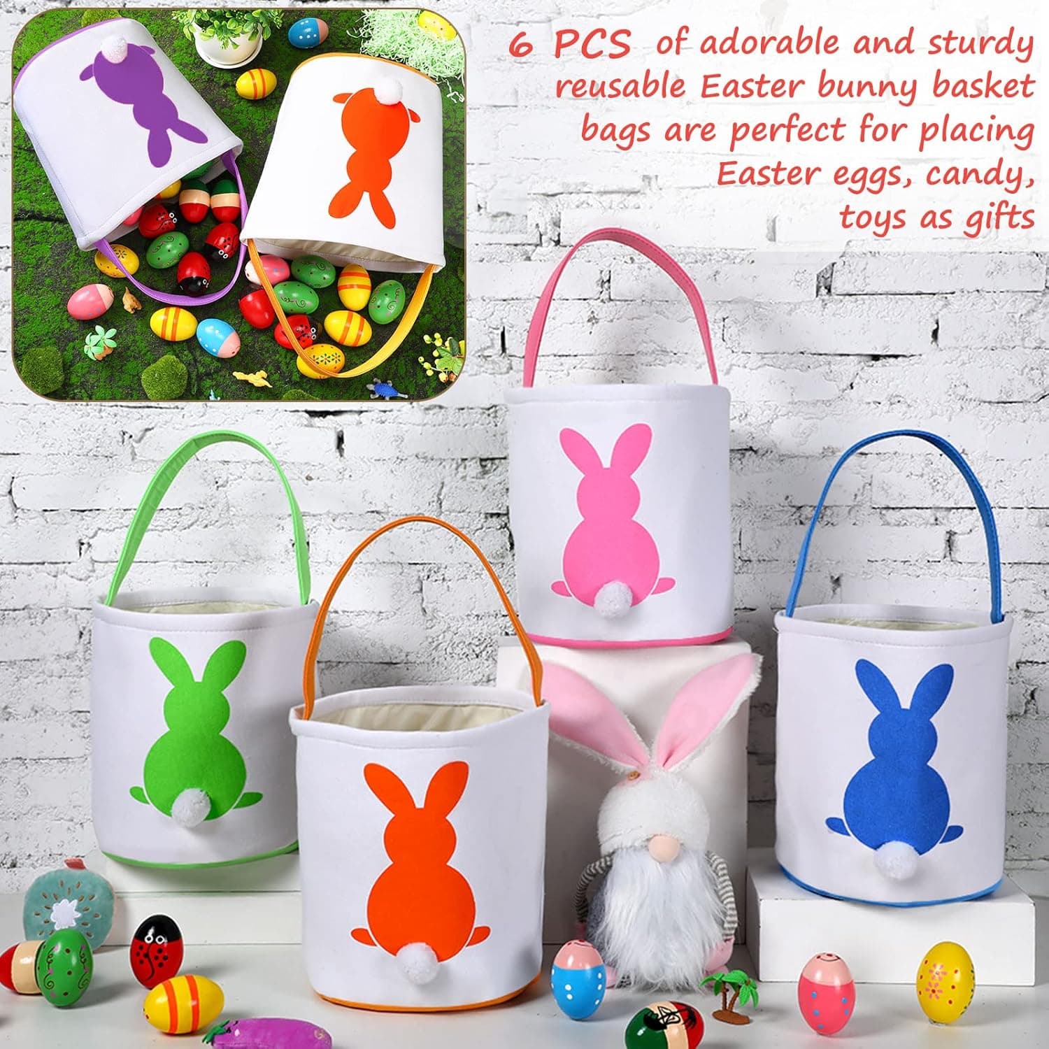 Honeydak 6-Piece Easter Egg Hunt Baskets with Bunny Canvas Tote Bags thumbnail 5