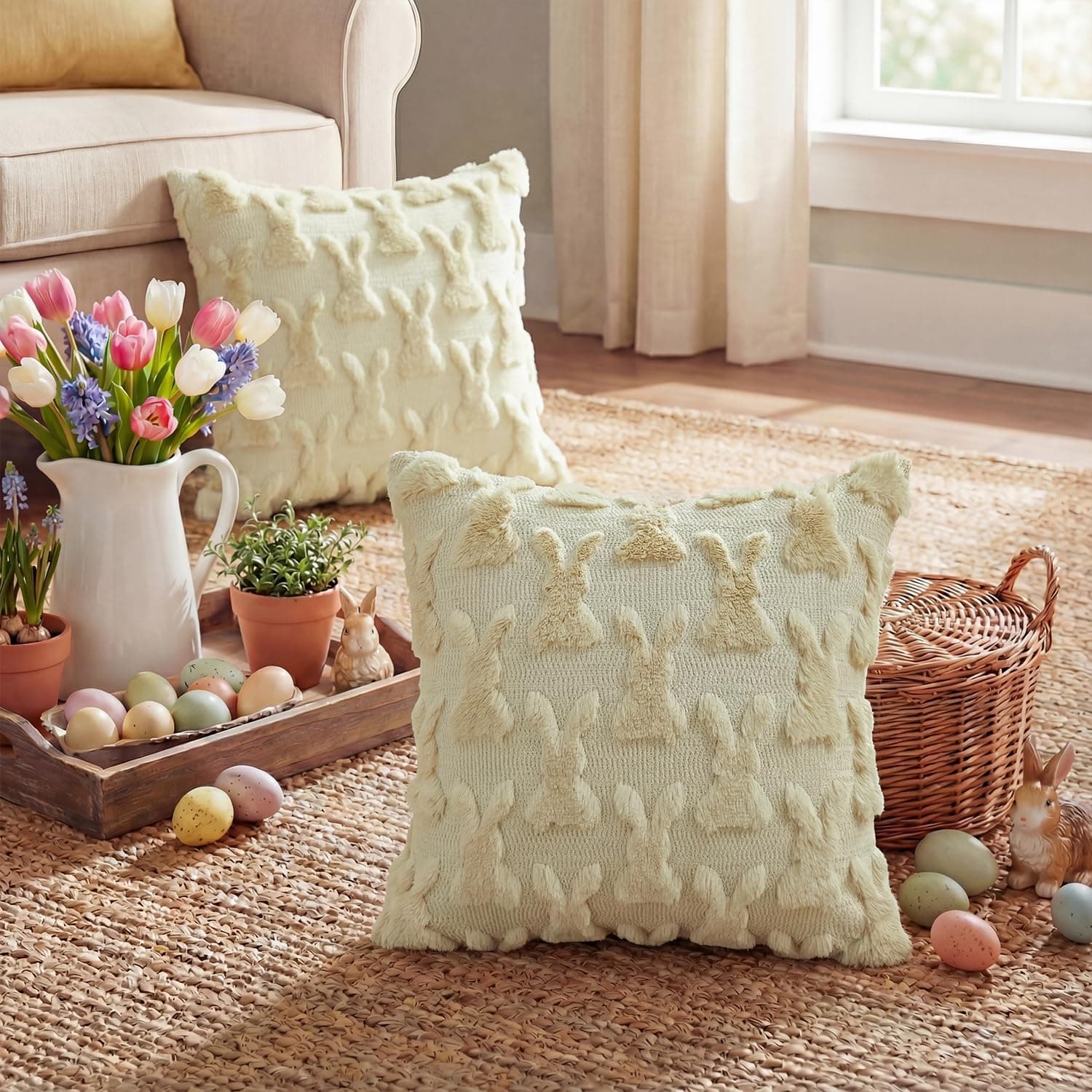 AVOIN colorlife Easter Rabbits Beige Throw Pillow Covers, 18 x 18 Inch Bunny Soft Plush Faux Fur Jacquard Cushion Case Decoration for Sofa Couch Set of 2 : Home &amp; Kitchen thumbnail 4
