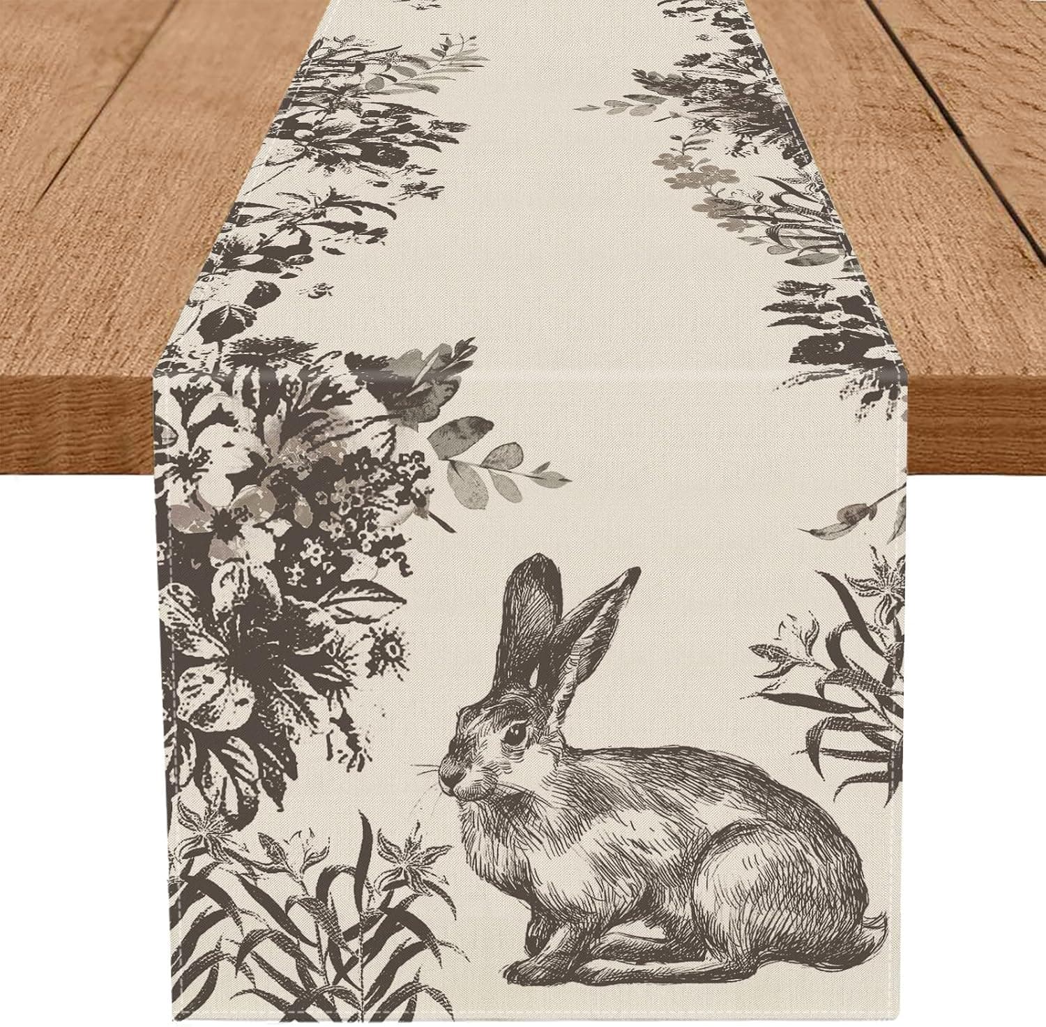 Easter Table Runner with Ink Floral Bunny Design - 13 x 72 Inch image 1