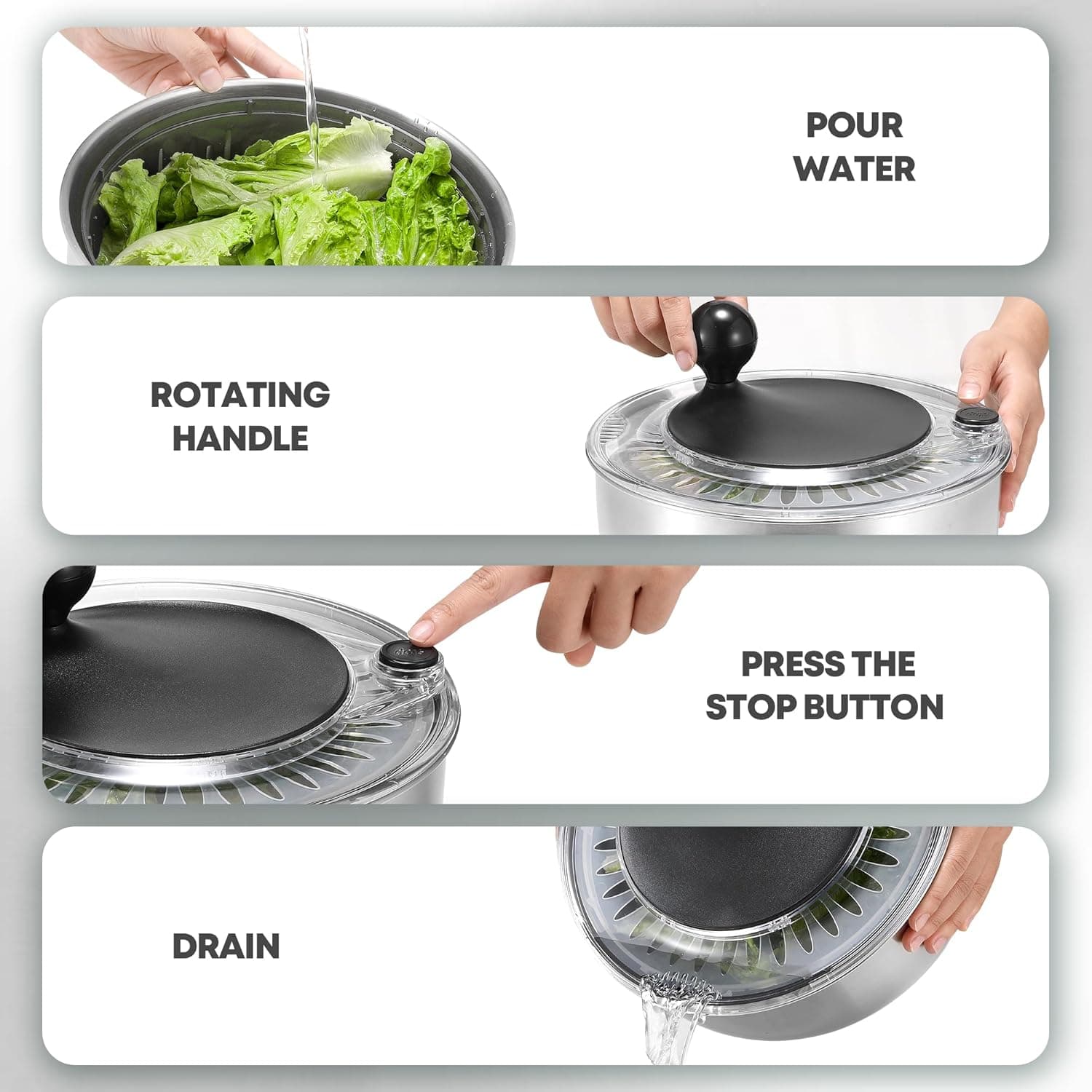 SveBake 5.3Qt Stainless Steel Salad Spinner with Stop Button, BPA-Free Vegetable Lettuce Spinner, Transparent Lid &amp; Drainage Hole, Non-Slip Base, Dishwasher Safe Fruit Washer: Home &amp; Kitchen thumbnail 5