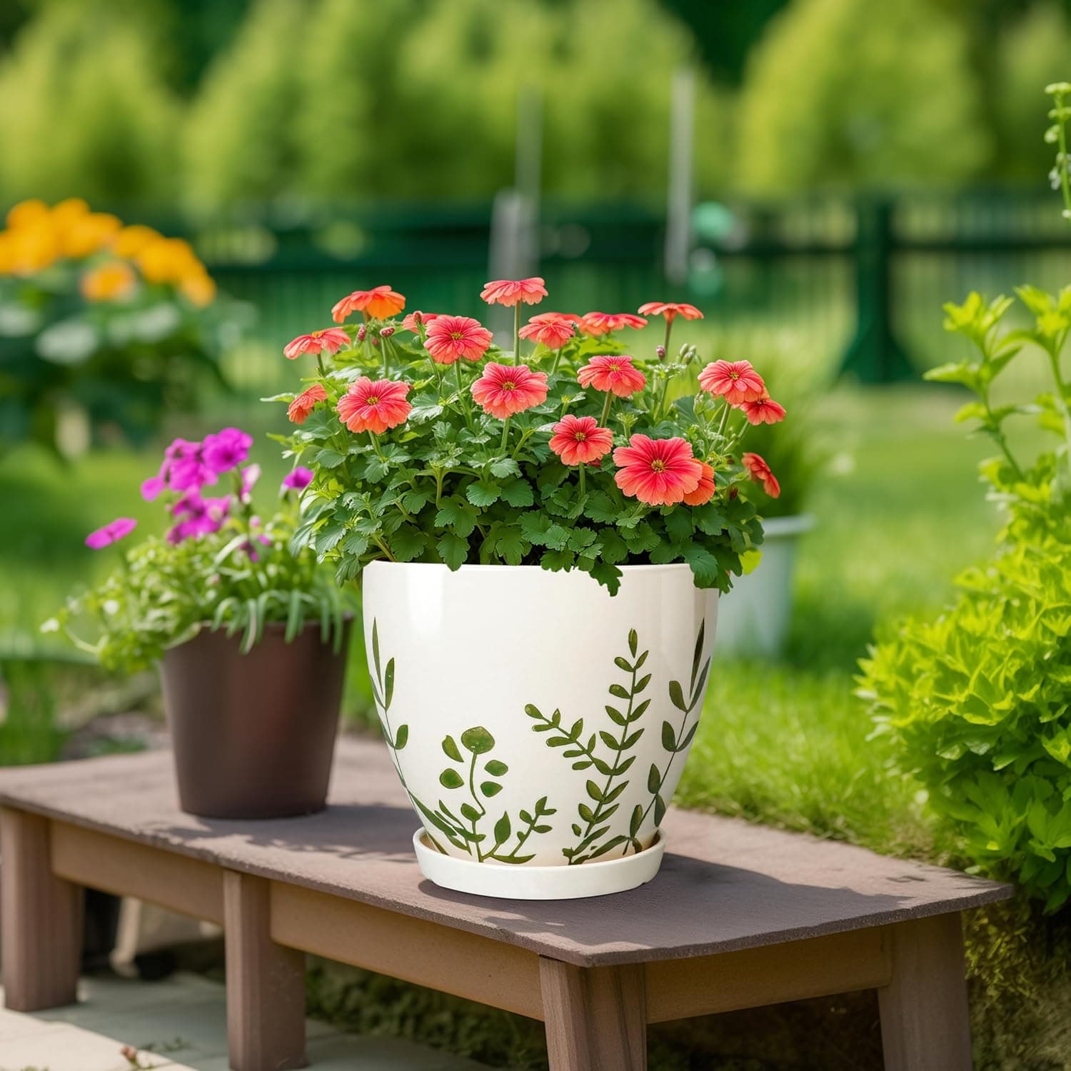 MPotTo Ceramic Plant Pots - Set of 3 Boho Planters with Drainage Saucers thumbnail 4