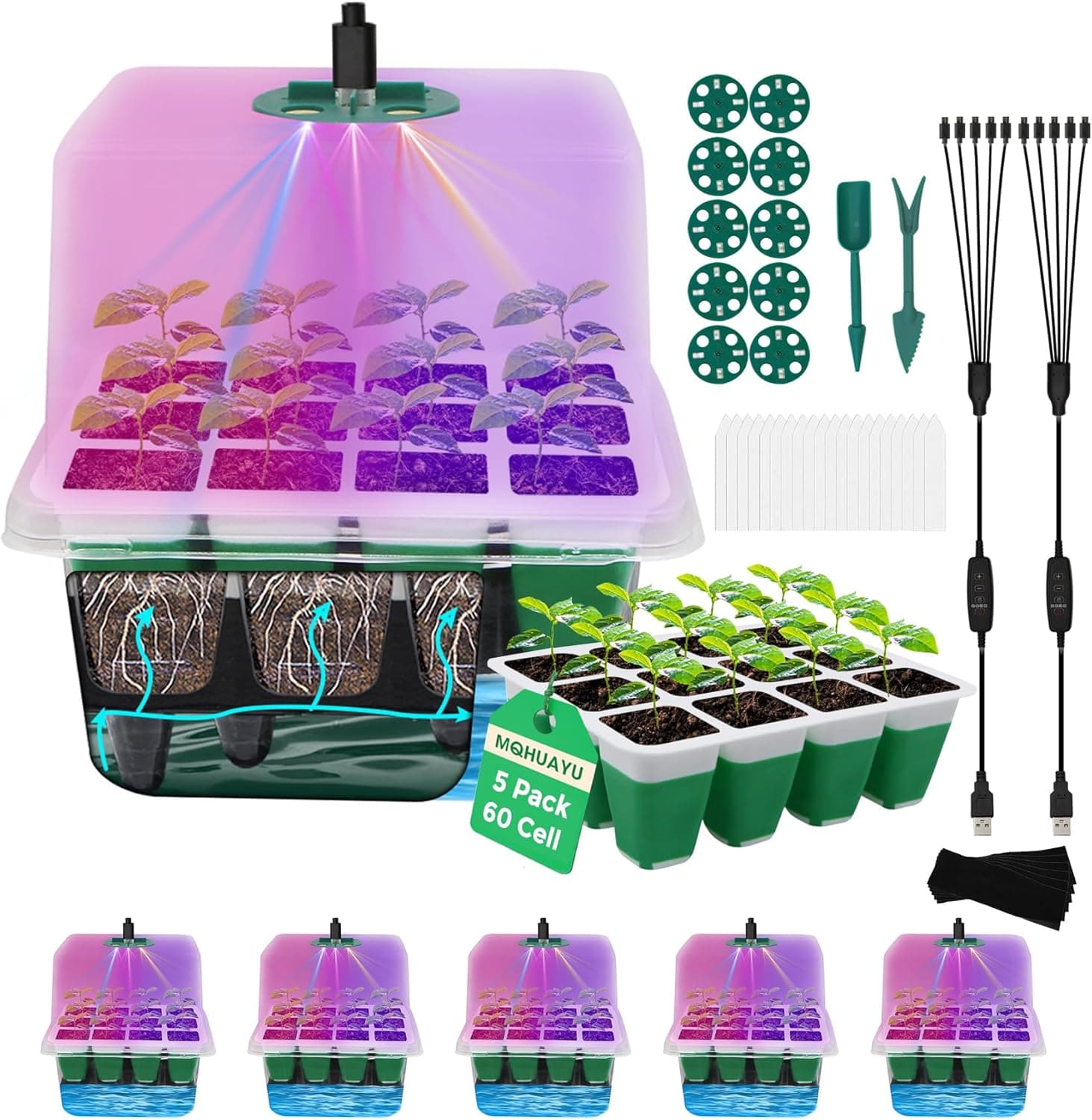 60-Cell Self Watering Seed Starter Tray with Grow Light - 5 Pack — Spring Gift Ideas gift idea