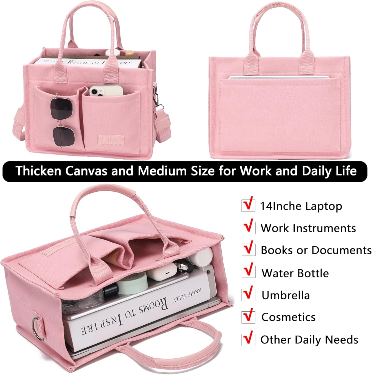 ZHMO Canvas Tote Bag for Women With Compartments and Pockets,Pink Women thumbnail 4