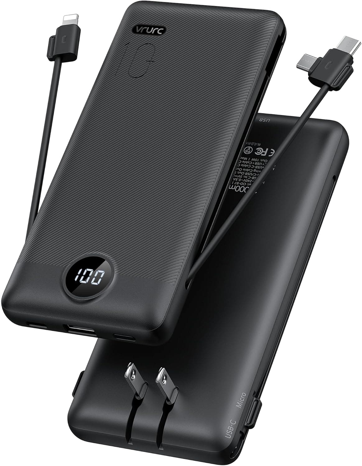 VRURC 10000mAh Portable Charger with Built-in Cables and AC Wall Plug image 1