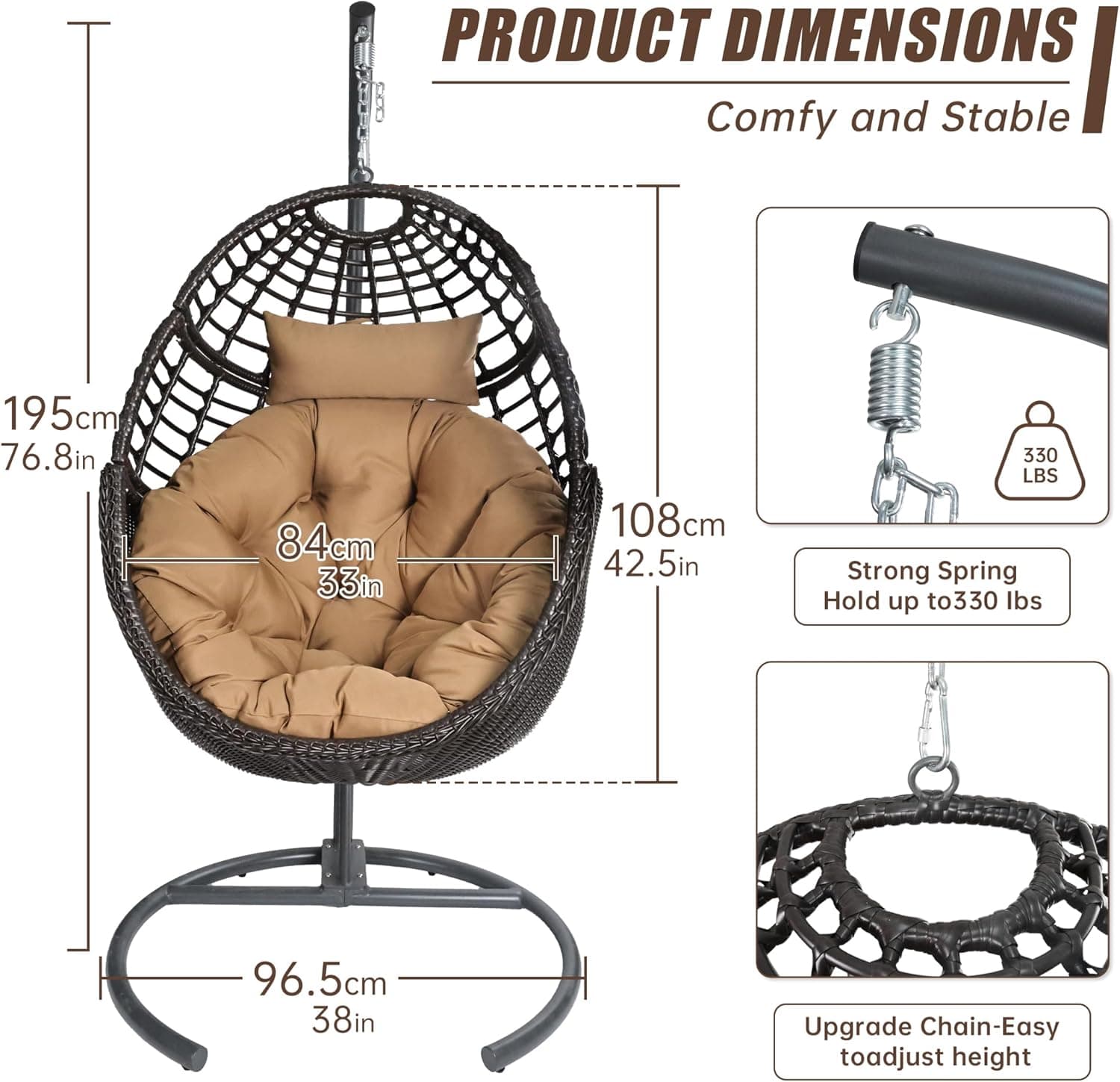 Ercimi Hanging Egg Chair Hammock Chair with Stand Wicker Rattan Chairs for Indoor Outdoor Patio Bedroom Swing Chair with Steel Frame and Soft Cushion : Patio, Lawn &amp; Garden thumbnail 5