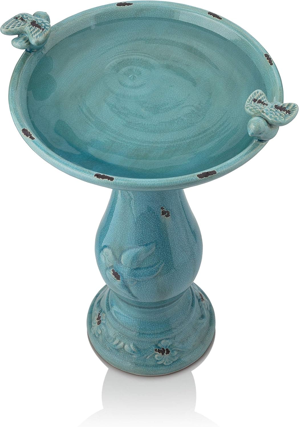 Alpine Corporation 25" Tall Outdoor Ceramic Antique Pedestal Birdbath with 2 Bird Figurines, Turquoise thumbnail 3