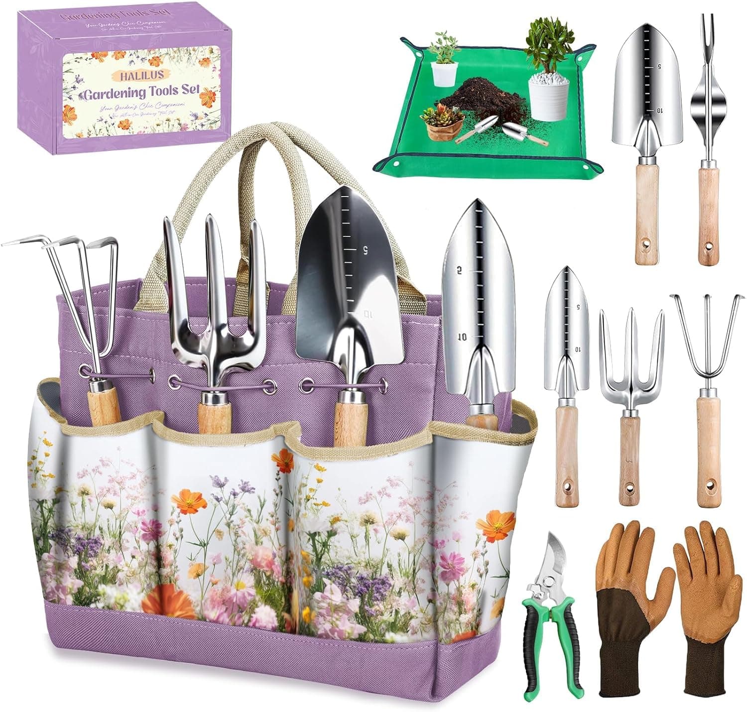 9-Piece Stainless Steel Garden Tools Set with Purple Floral Tote Bag image 1