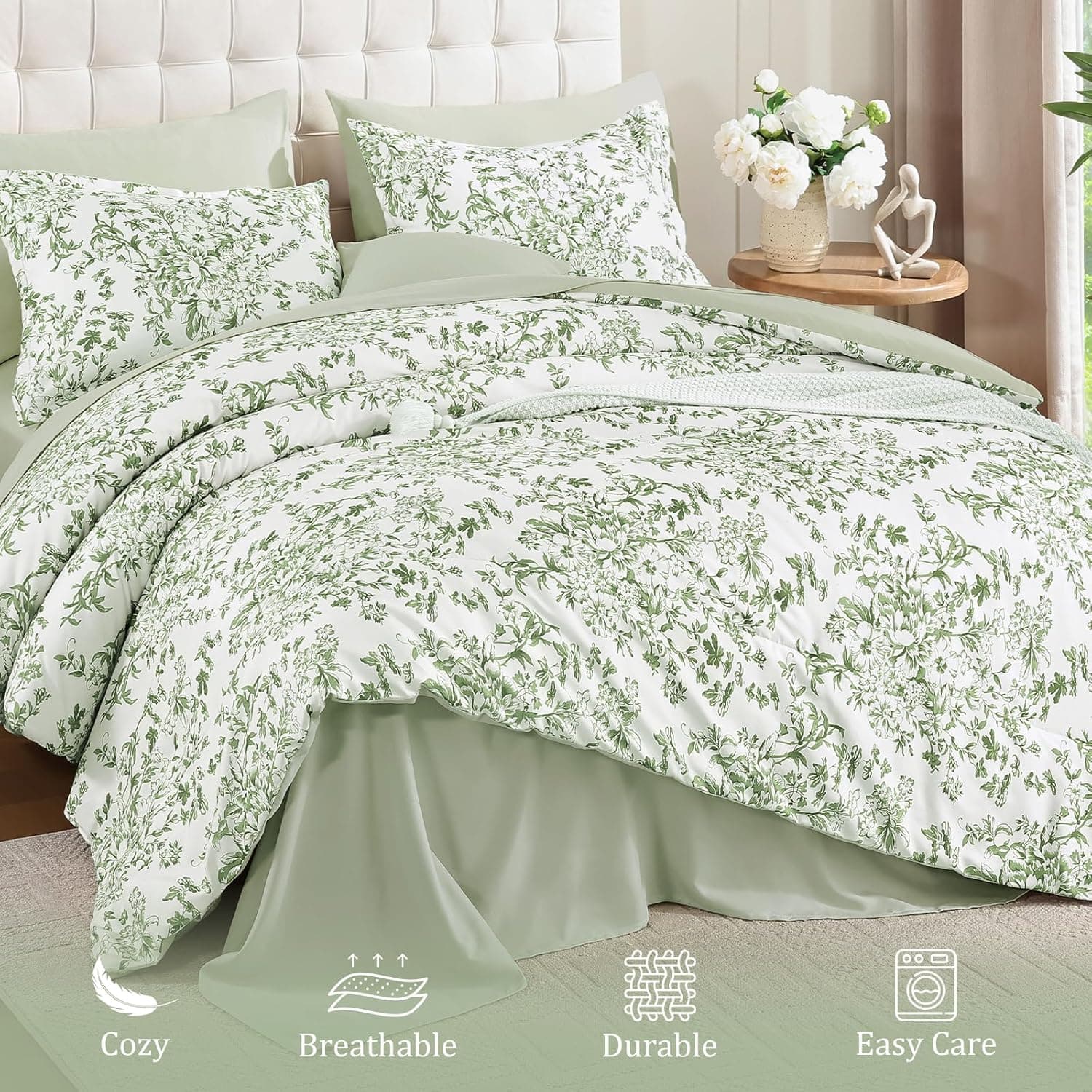 WONGS BEDDING 8 Pieces Queen Size Comforter Set Green, Sage Green Floral Bed in a Bag Comforter Sets, Soft Reversible Botanical Flowers Bedding Sets for All Season (90"x90") : Home &amp; Kitchen thumbnail 4