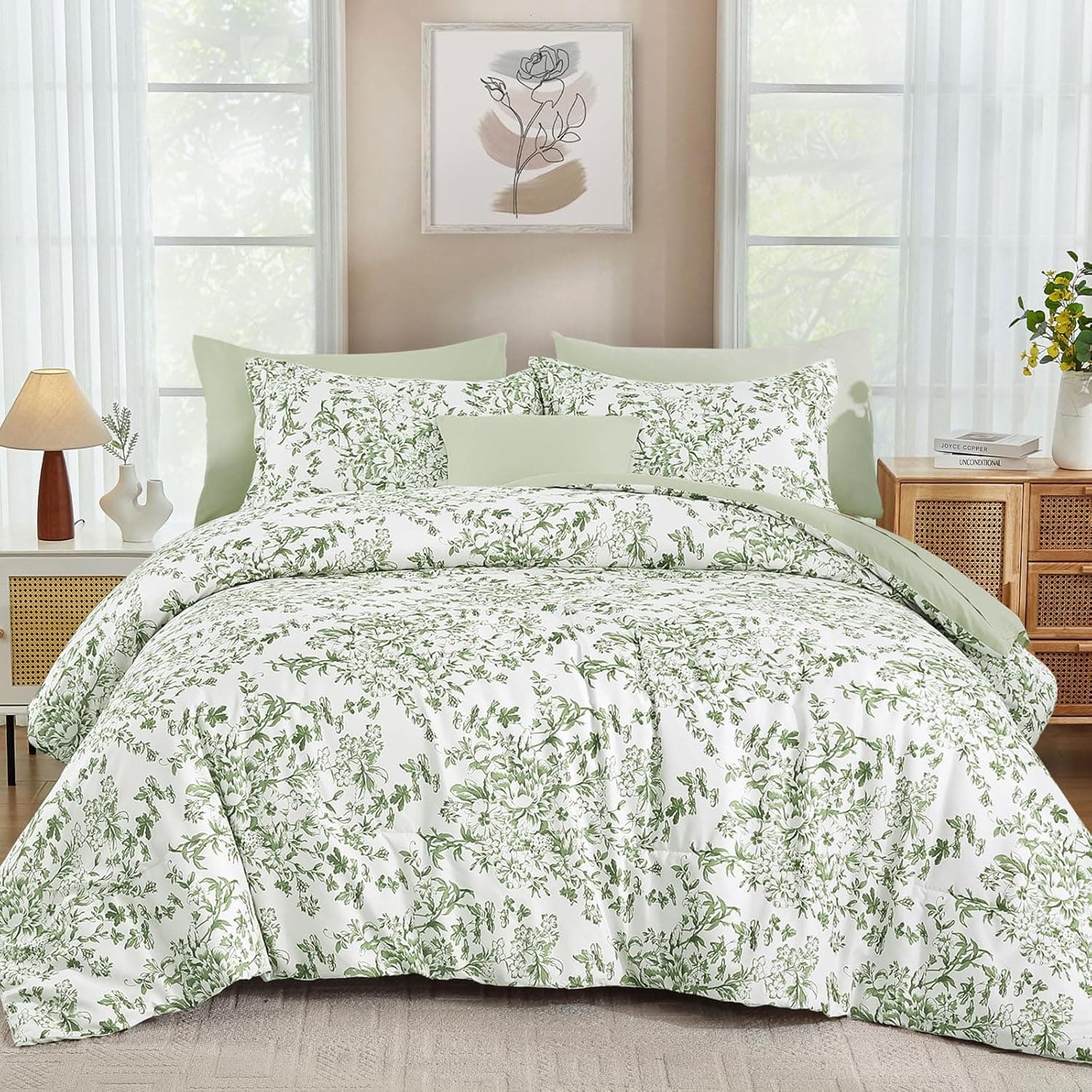 WONGS BEDDING 8 Pieces Queen Size Comforter Set Green, Sage Green Floral Bed in a Bag Comforter Sets, Soft Reversible Botanical Flowers Bedding Sets for All Season (90"x90") : Home &amp; Kitchen — Spring Gift Ideas gift idea
