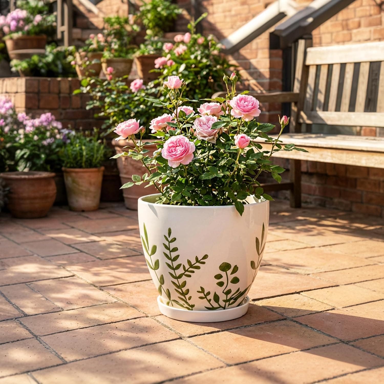 MPotTo 10 Inch Plant Pot - Ceramic Planter for Indoor Outdoor Flowers, Decorative Round Indoor Flower Pot with Drainage Hole and Saucer, Plant Lover Gifts, Garden Patio Home Office Decor, White : Patio, Lawn &amp; Garden thumbnail 5