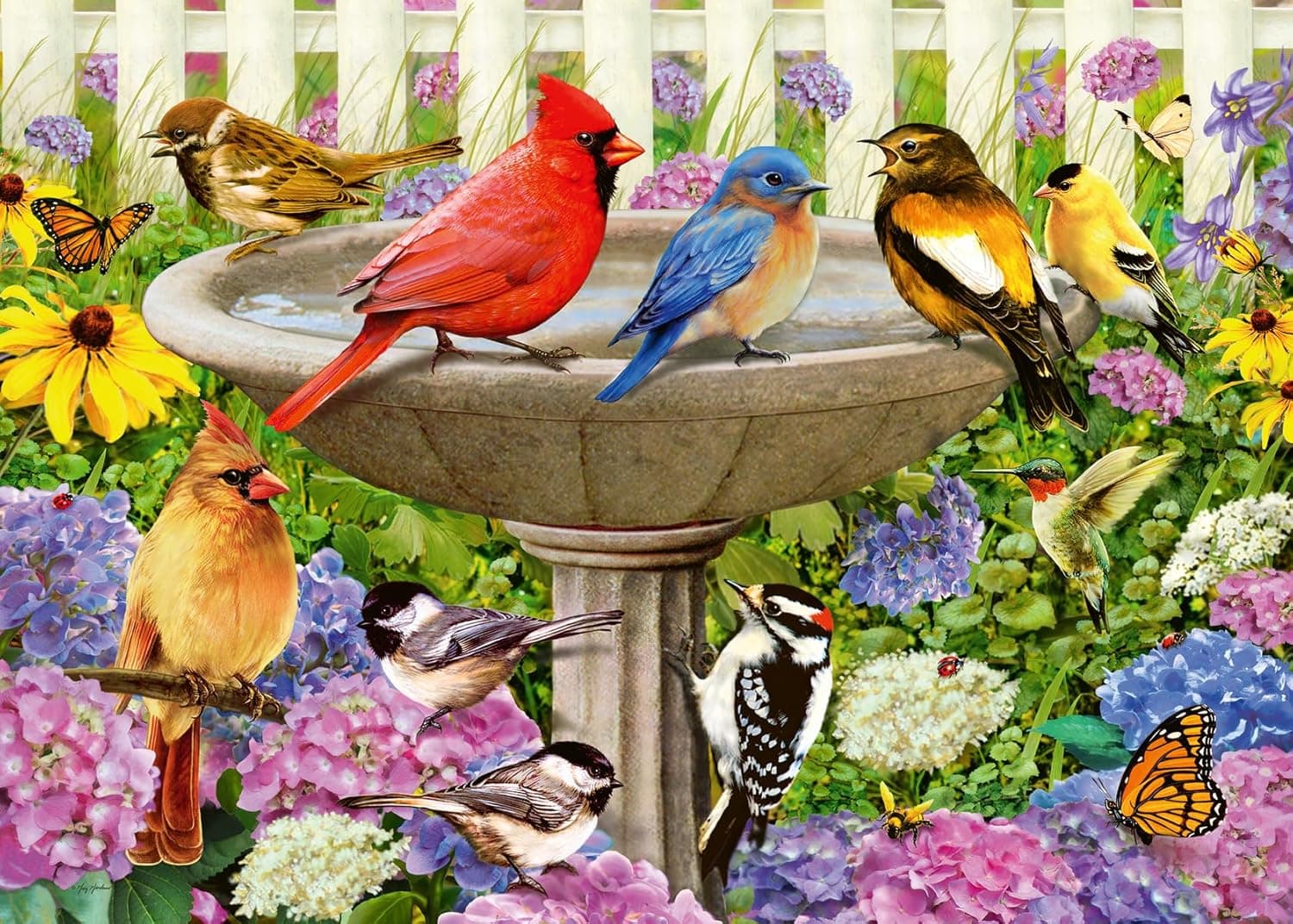 Ravensburger - at The Birdbath - 500 Piece Large Format Jigsaw Puzzle - Enjoy Peace &amp; Tranquility While Birds Flit and Flutter - Frameable - Premium Quality - Puzzles for Adults : Toys &amp; Games image 1