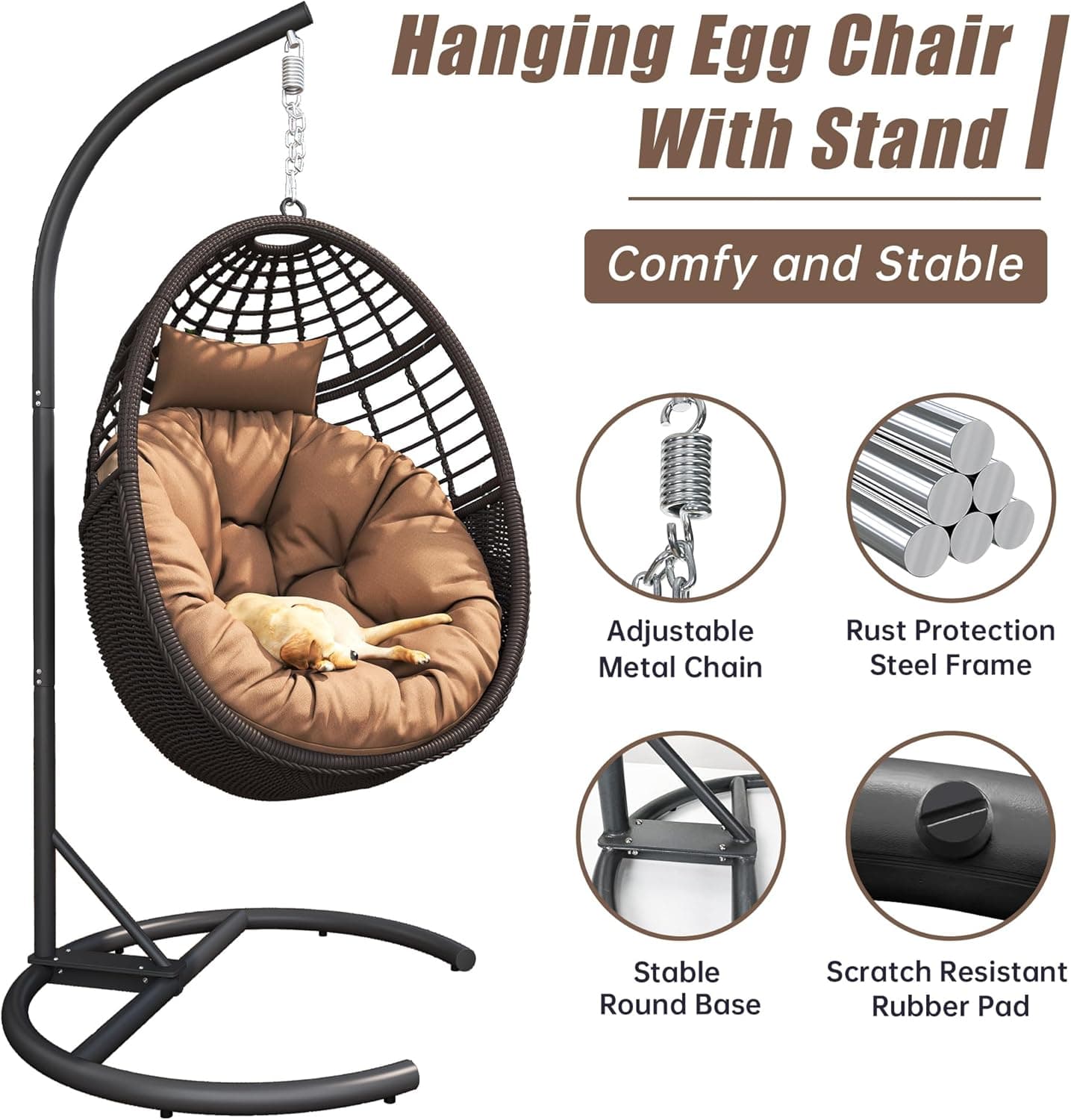 Ercimi Hanging Egg Chair Hammock Chair with Stand Wicker Rattan Chairs for Indoor Outdoor Patio Bedroom Swing Chair with Steel Frame and Soft Cushion : Patio, Lawn &amp; Garden thumbnail 3