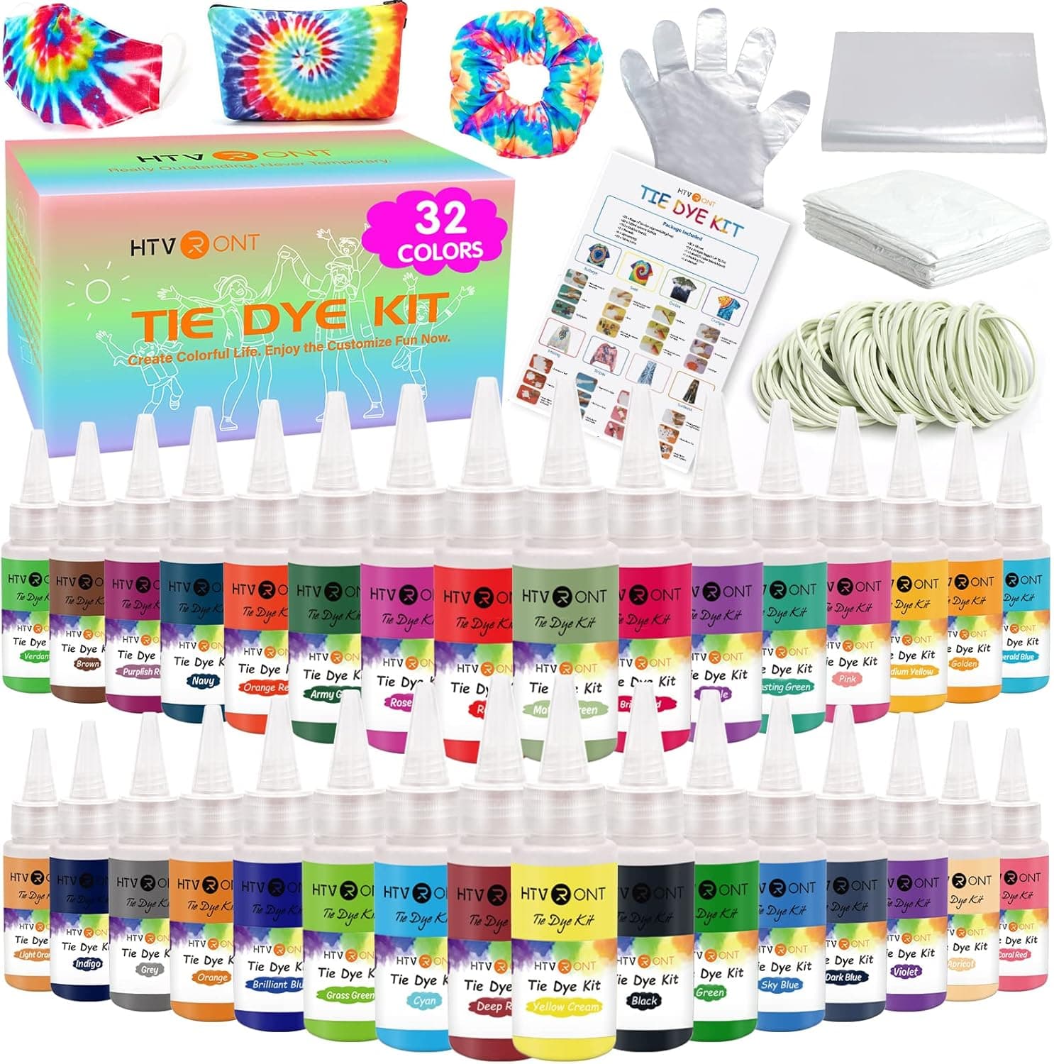 HTVRONT Tie Dye Kit - 32 Vibrant Colors Pre-Filled Bottles Tyedyedye Kit, Permanent Non-Toxic for Large Groups Kids Adults,Tye Fabric Textile Handmade Party(Just Add Water) image 1