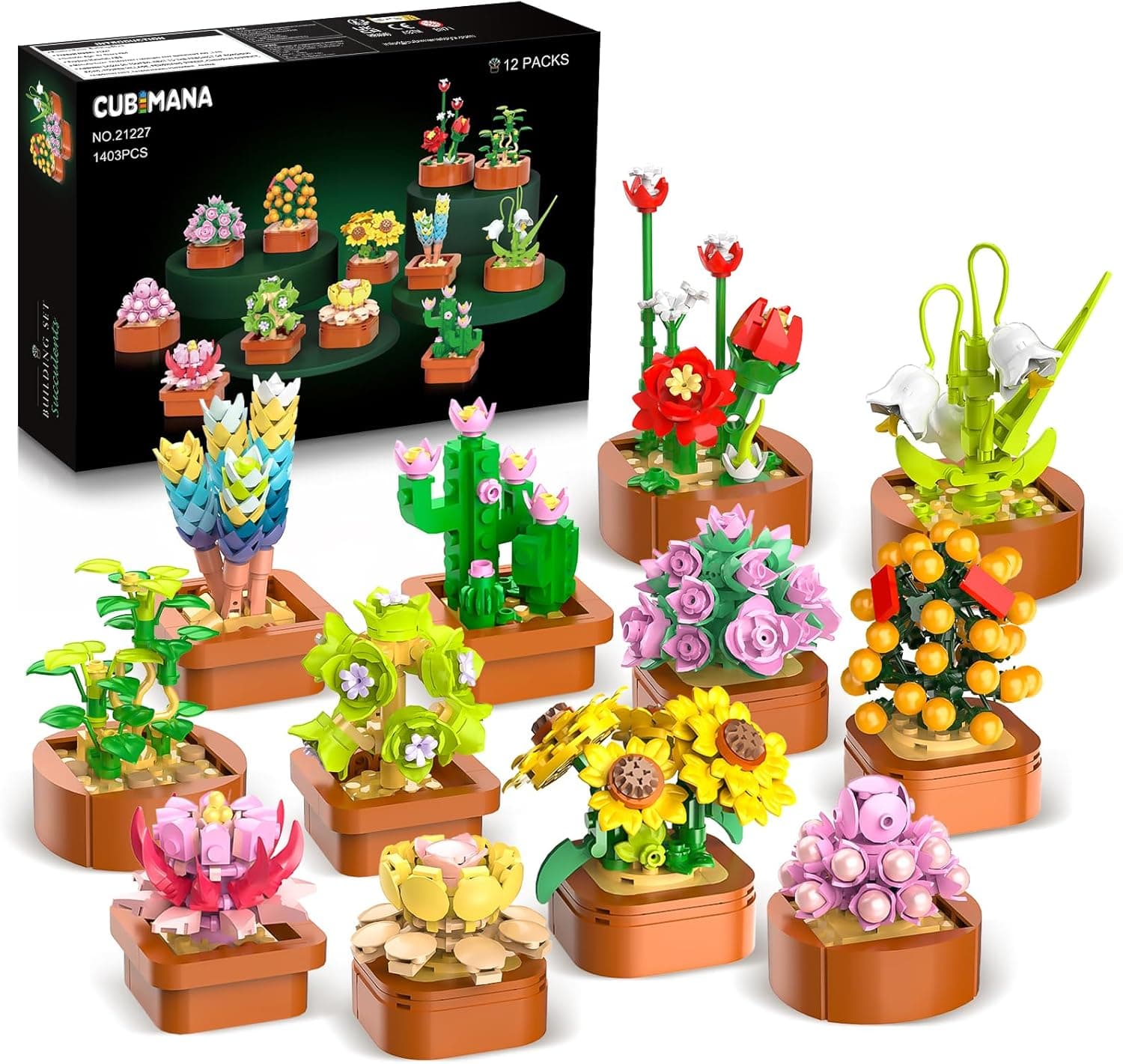 CUBIMANA 12 Pack Flowers Succulents Mini Building Set image 1
