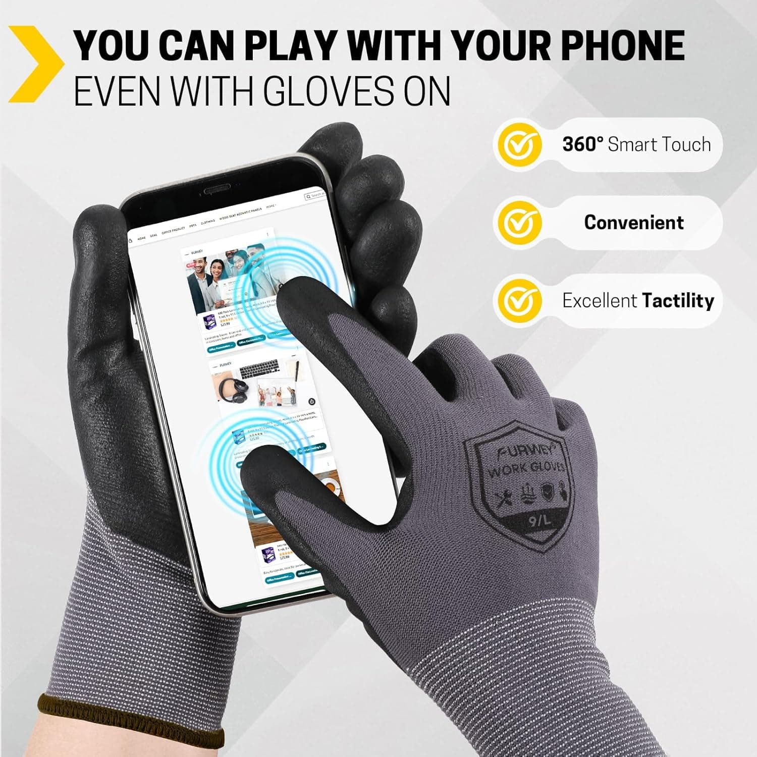 FURWEY Safety Work Gloves - 16 Pairs, Micro-Foam Nitrile Coated, Large thumbnail 3