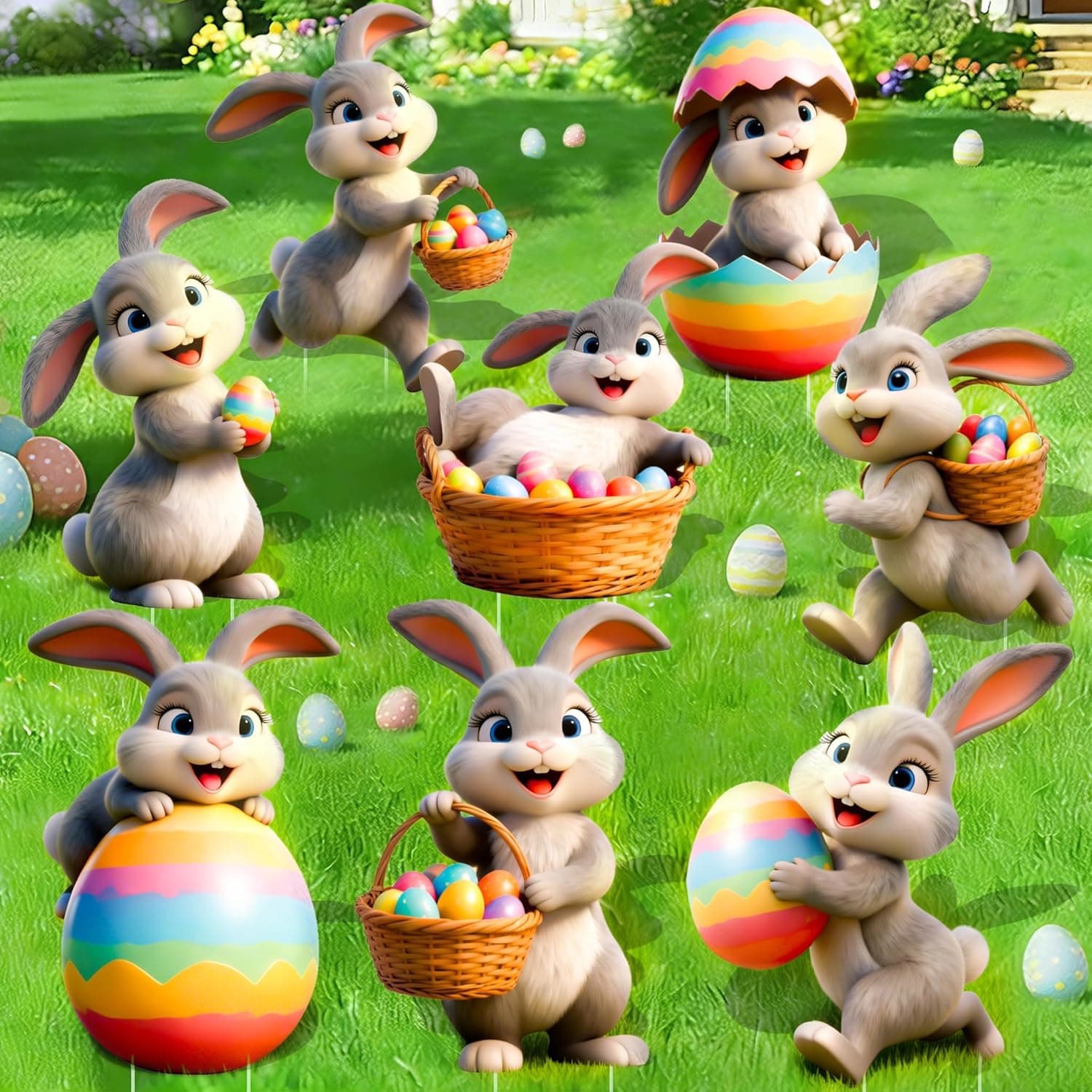 8 Pcs Easter Yard Signs with Stakes, Large Outdoor Easter Bunny Decorations in 8 Styles Featuring Cute Rabbits and Eggs, Sturdy and Waterproof Bunny Yard Lawn Garden Decor for Easter Party : Patio, Lawn &amp; Garden image 1