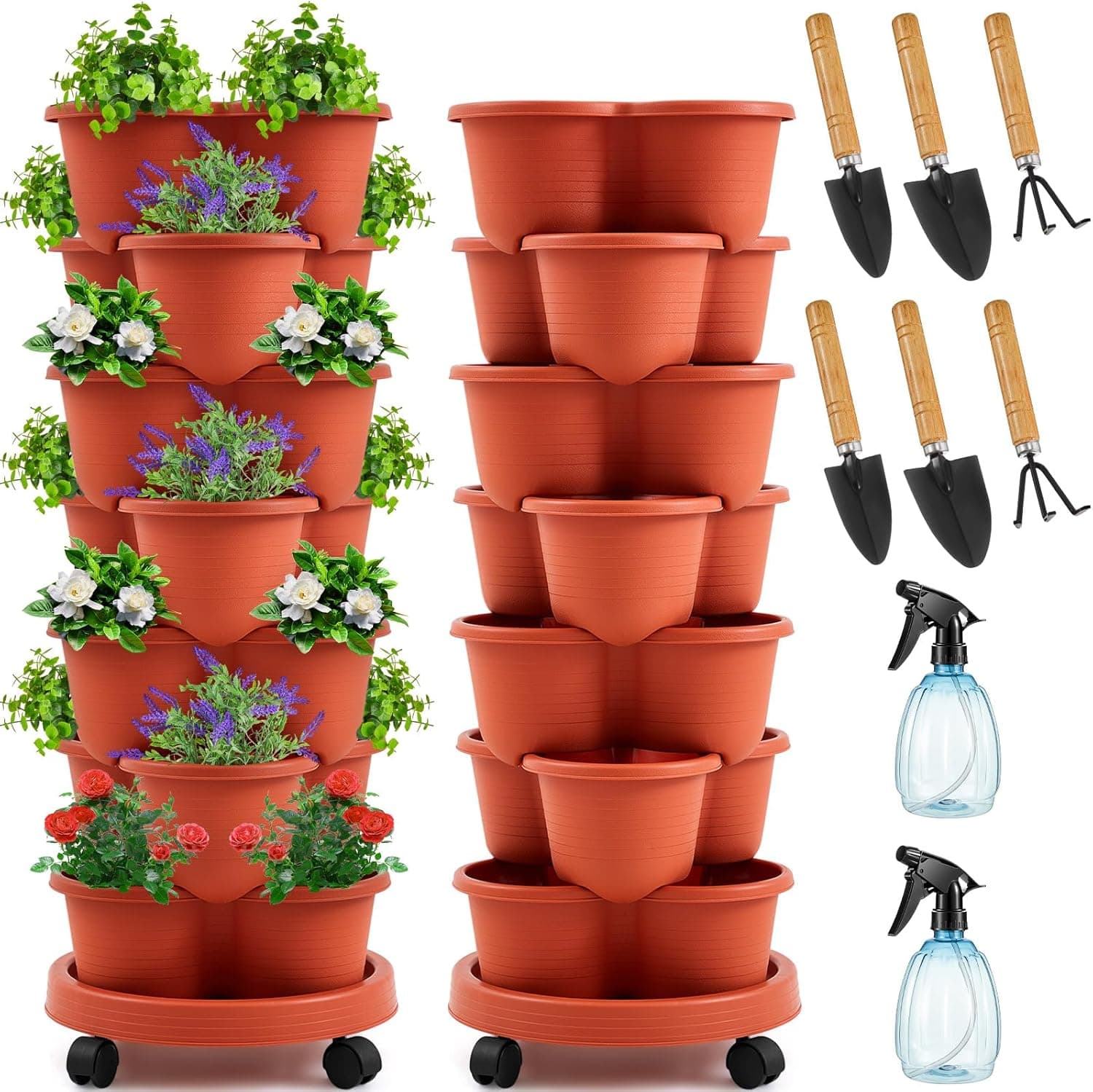 Umigy 2-Set Clay Red 7-Tier Stackable Vertical Planters with Removable Wheels image 1
