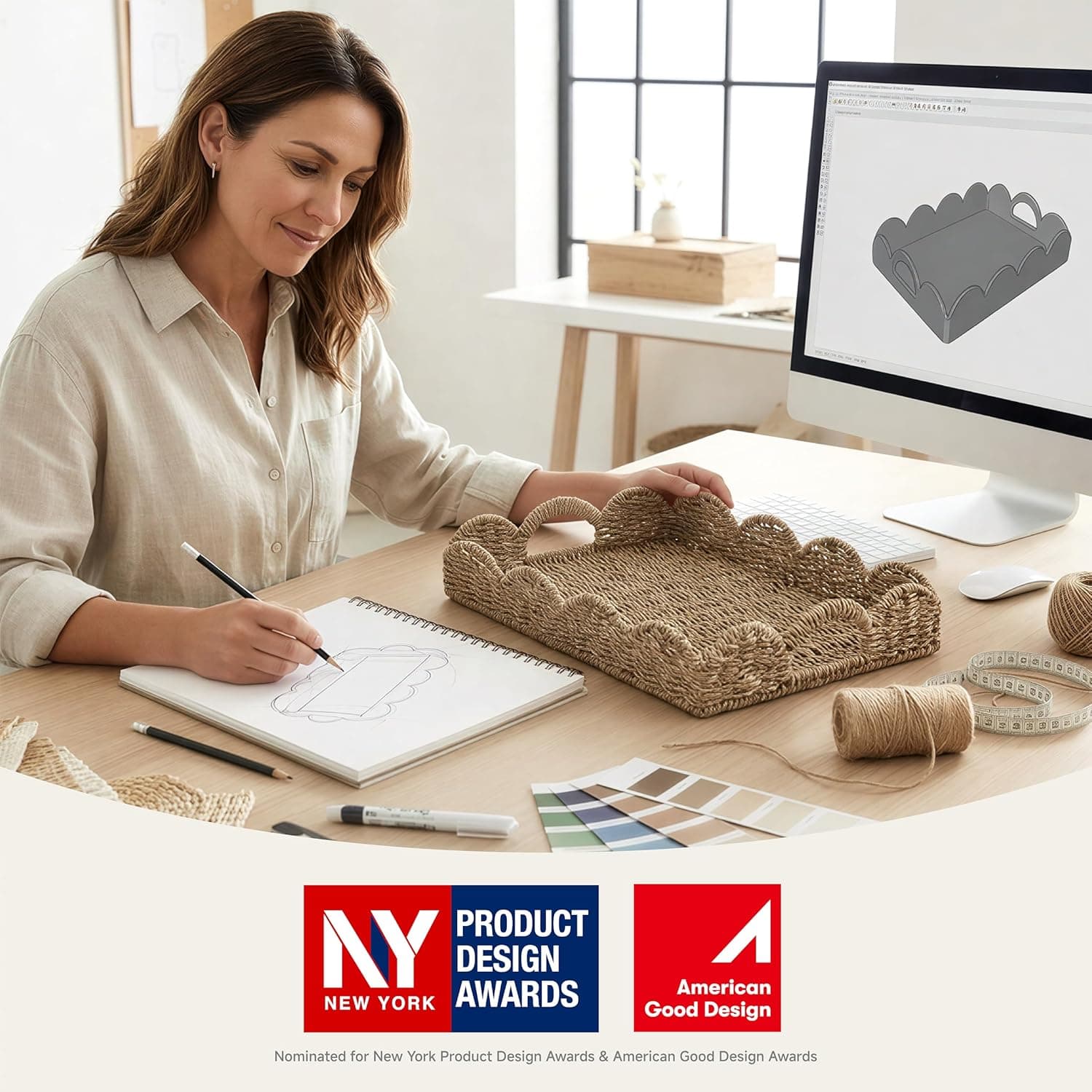 StorageWorks Rectangle Wicker Scalloped Tray, Rattan Serving Trays with Handles, Seagrass Basket for Decorative &amp; Organizing, 15.75" L x 11.5" W x 2.75" H : Home &amp; Kitchen thumbnail 2