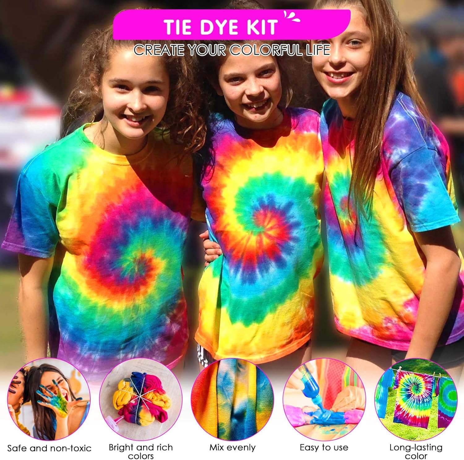 HTVRONT Tie Dye Kit - 32 Vibrant Colors Pre-Filled Bottles Tyedyedye Kit, Permanent Non-Toxic for Large Groups Kids Adults,Tye Fabric Textile Handmade Party(Just Add Water) thumbnail 5