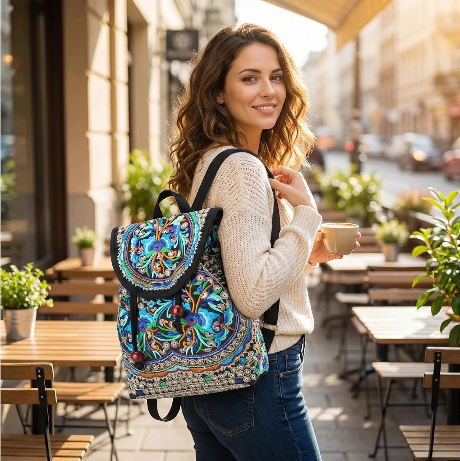 Goodhan Vintage Embroidered Backpack Purses for Women - Boho Shoulder Bag for Travel,Ethnic Floral Mini Back Pack,Lightweight Handbags for Daily Use (Blue) : Clothing, Shoes &amp; Jewelry thumbnail 2