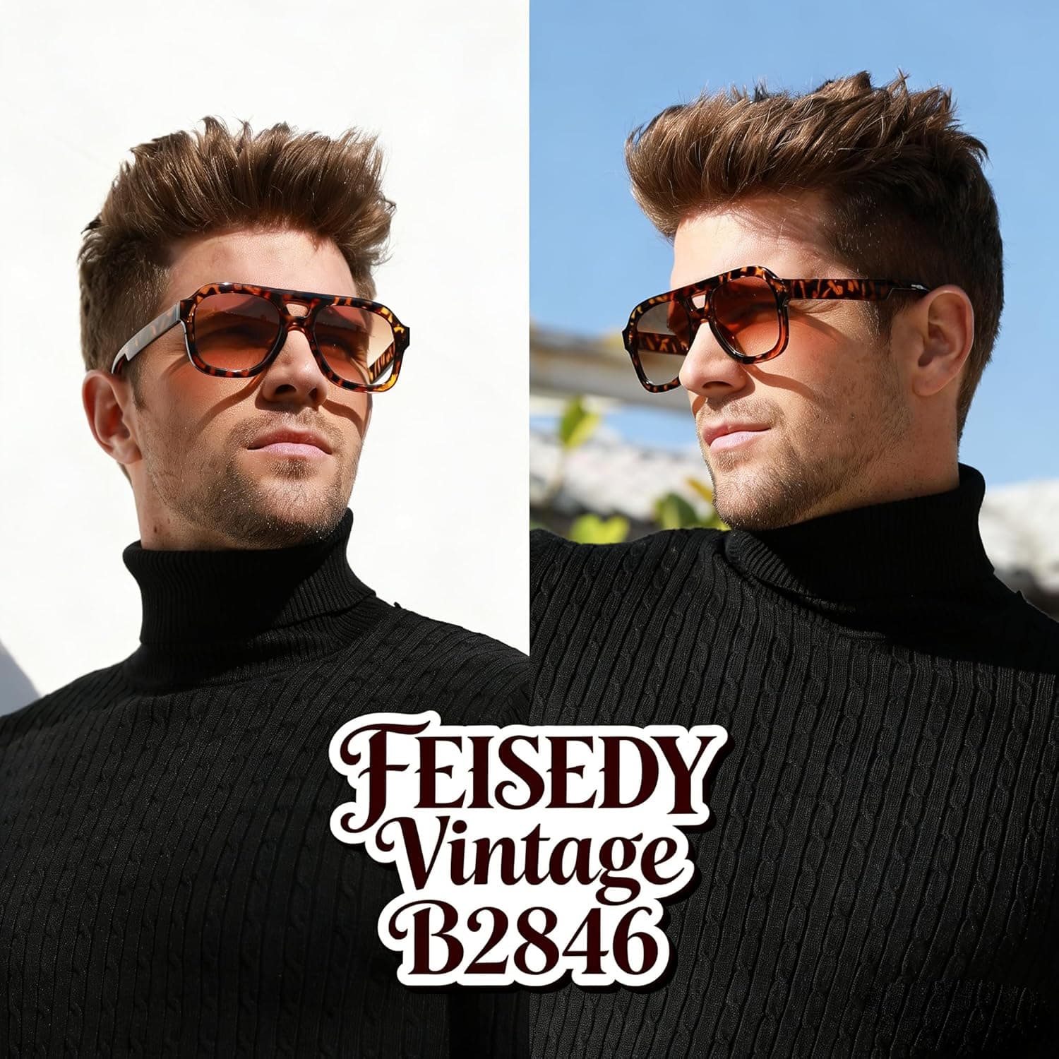 FEISEDY Vintage Pilot Sunglasses Double Bridge Large Square Thick Frame thumbnail 2
