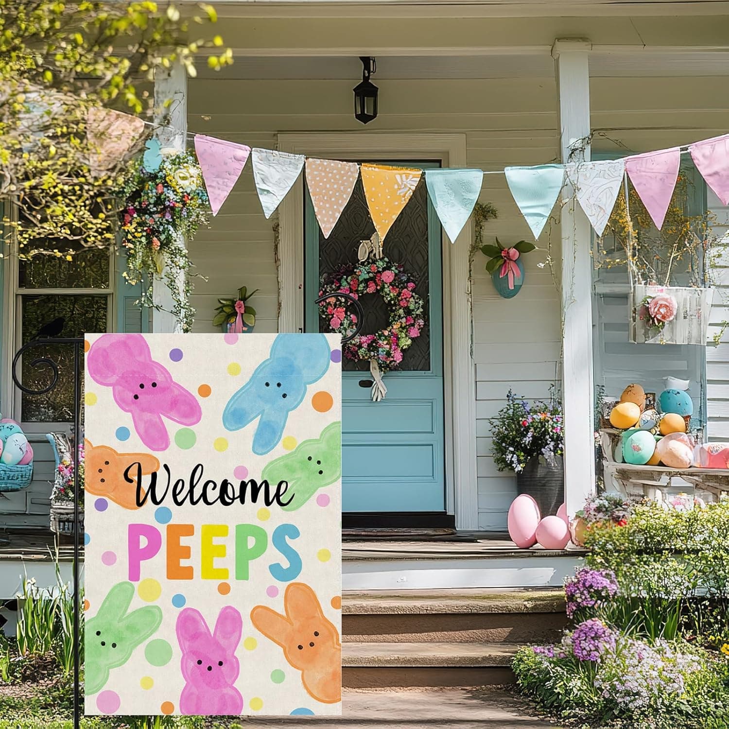 ZAEW Welcome Easter Colorful Dots Cute Bunny Watercolor Rabbits Spring Garden Flag Yard Flag 12x18 Inch Double Sided Small Mini Yard Outdoor Outside Holiday Decoration : Patio, Lawn &amp; Garden thumbnail 4