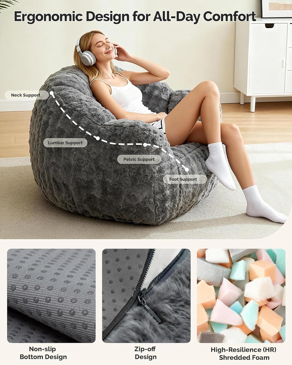 KINGYES Bean Bag Chair, Giant Bean Bag Couch with Memory Foam Filled, Gaming Beanbag Chair for Adults, Bean Bag for Kids &amp; Teen, Light Gray : Home &amp; Kitchen thumbnail 5