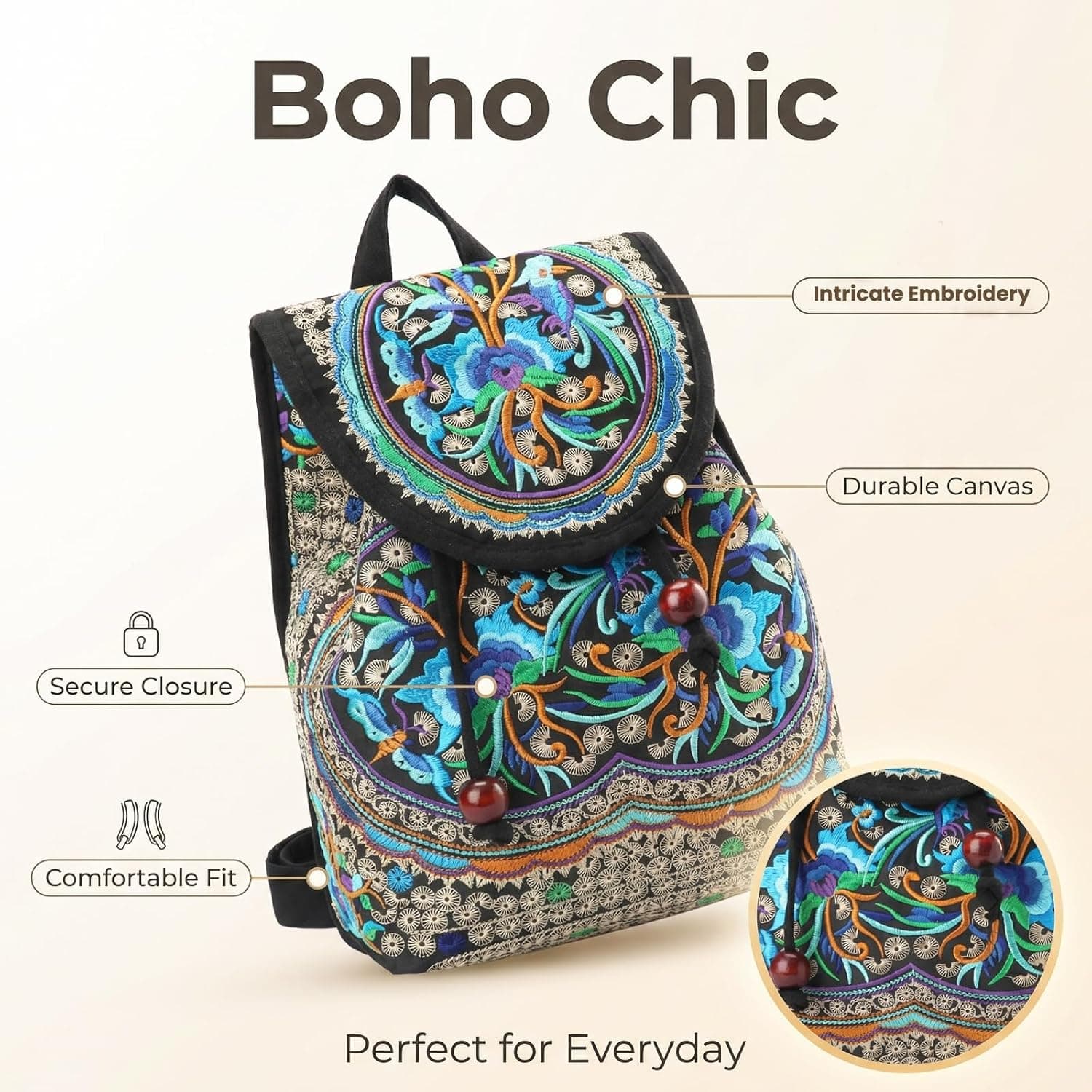 Goodhan Vintage Embroidered Backpack Purses for Women - Boho Shoulder Bag for Travel,Ethnic Floral Mini Back Pack,Lightweight Handbags for Daily Use (Blue) : Clothing, Shoes &amp; Jewelry thumbnail 3