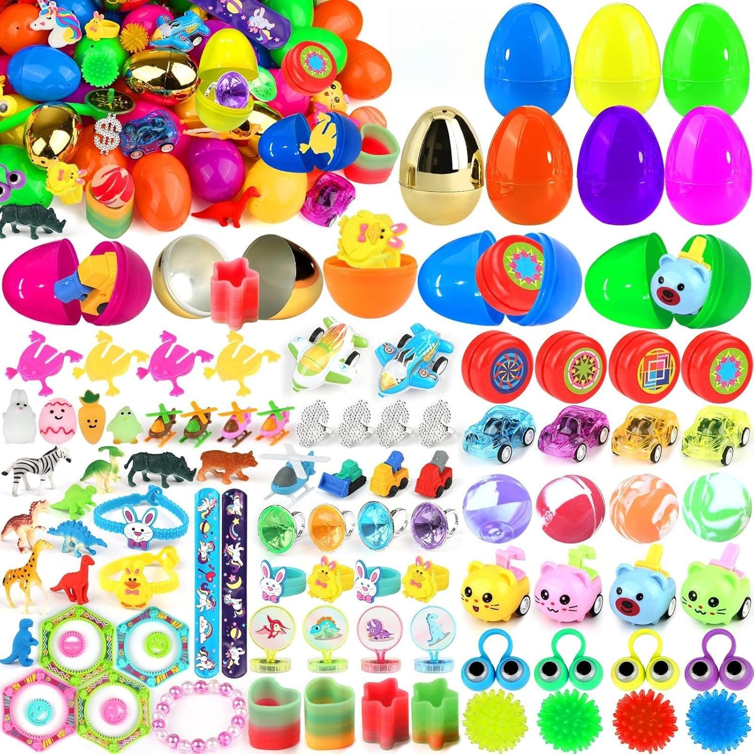 100 Pack Prefilled Easter Eggs with Assorted Toys and 6 Golden Eggs image 1