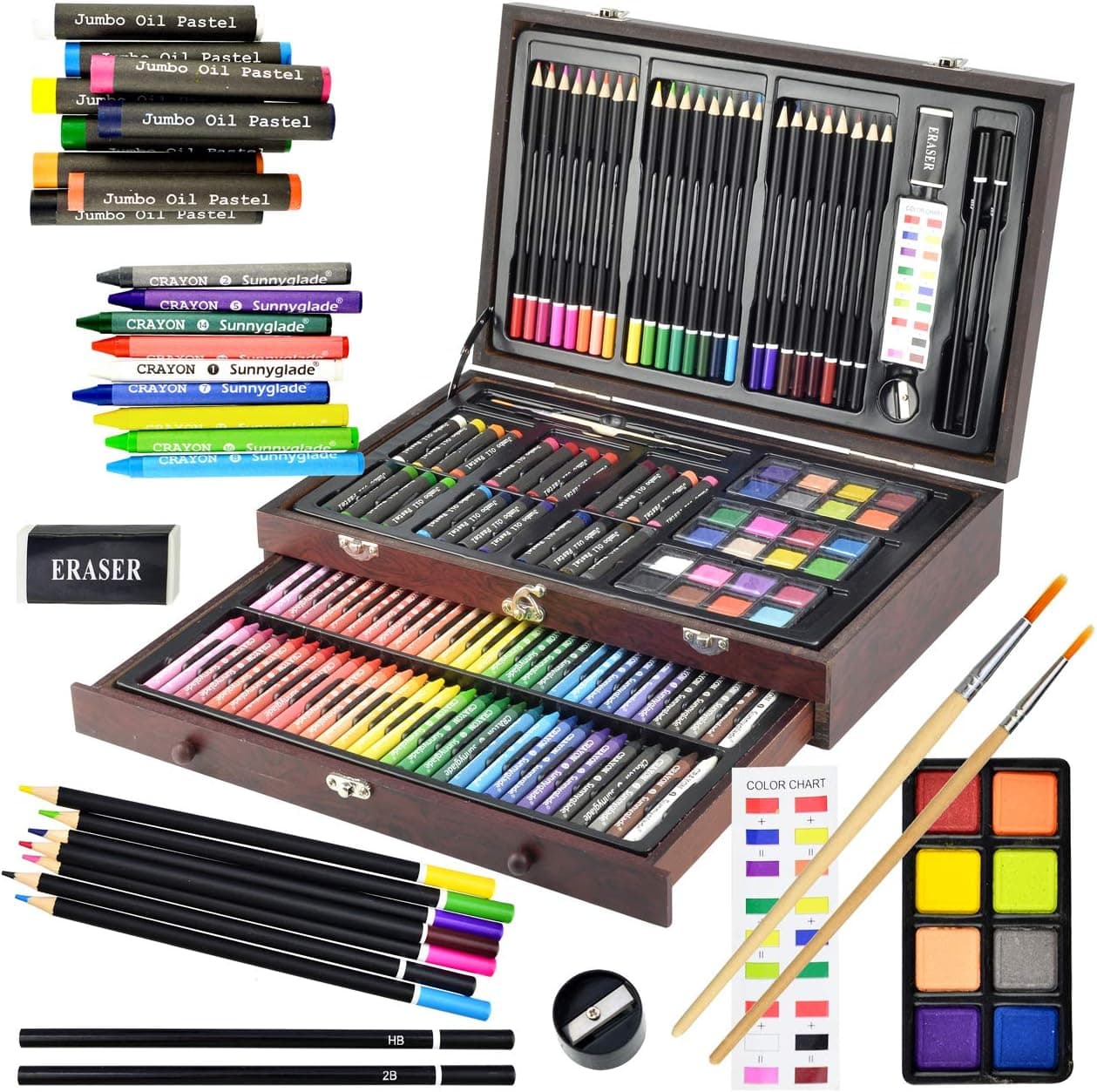 Sunnyglade 145 Piece Deluxe Art Set, Wooden Box &amp; Drawing Kit with Crayons, Oil Pastels, Colored Pencils, Watercolor Cakes, Sketch Pencils, Paint Brush, Sharpener, Eraser, Color Chart (Cherry) : Arts, Crafts &amp; Sewing — Easter Gifts gift idea