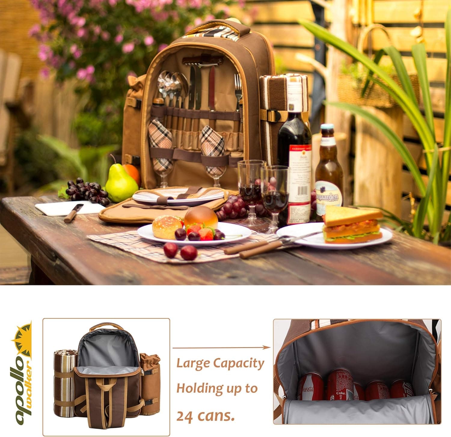 Apollo Walker Picnic Backpack Bag for 4 Person with Cooler Compartment,Wine Bag, Picnic Blanket(45"x53"),Best for Family and Lovers Gifts (Brown) : Patio, Lawn &amp; Garden thumbnail 5