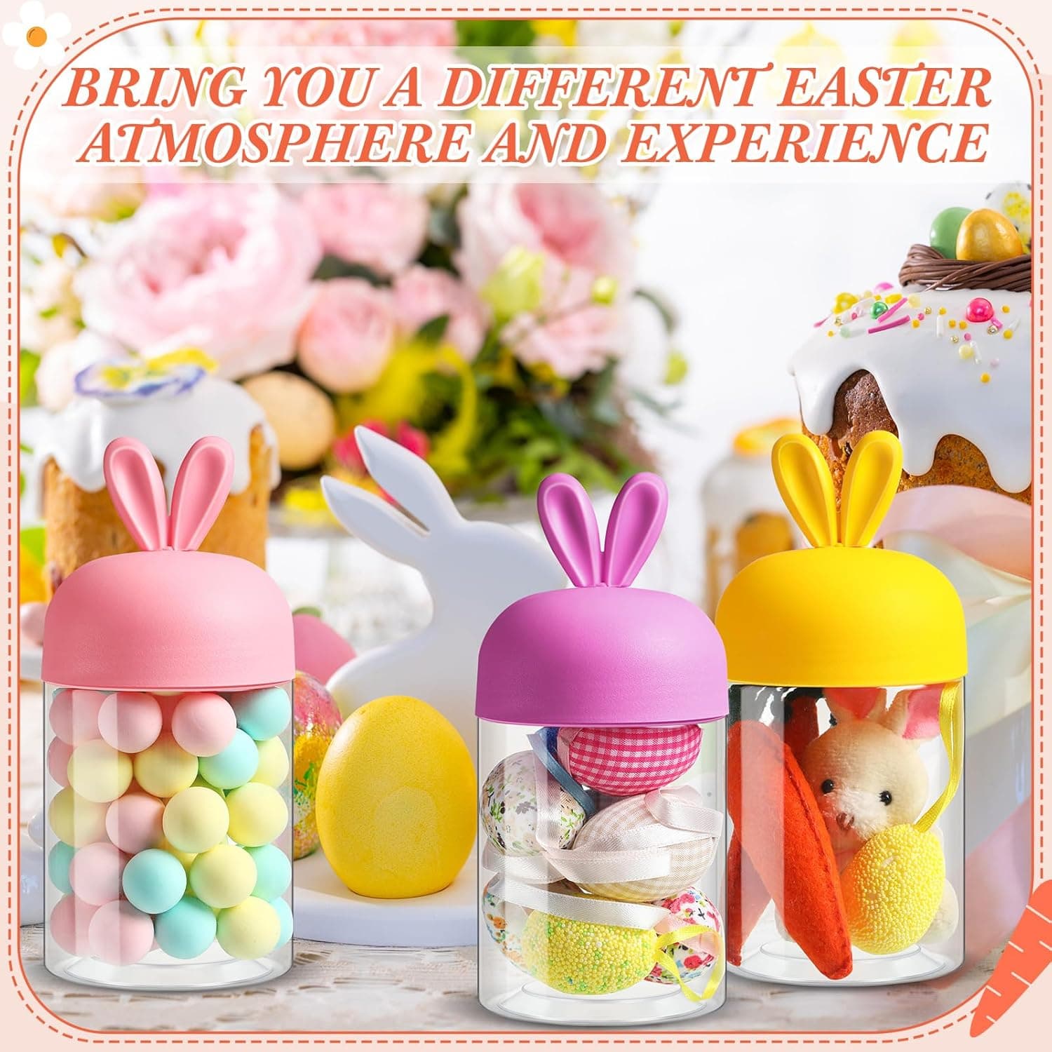 Mimorou 4 Pcs Easter Plastic Jar with Bunny Ear Cap Clear Candy Jar Easter Decorations Food Storage Canister for Easter Party Gift Chocolate Candy Sweets Mini Eggs Table Decoration : Home &amp; Kitchen thumbnail 4