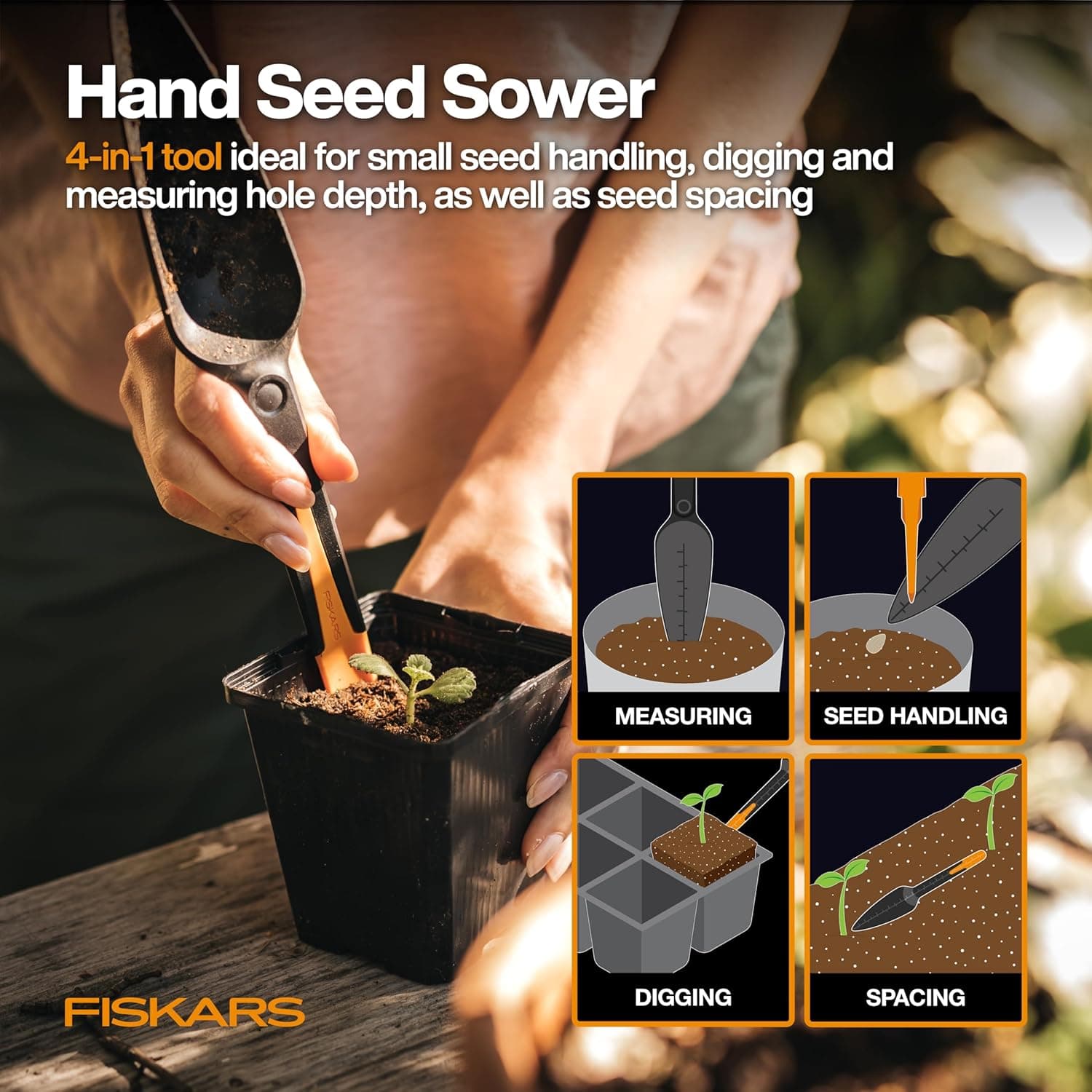 Fiskars Vegetable Gardening Essentials 6-Piece Tool Set for Cultivating, Serrated Stainless Steel Shears &amp; 4-in-1 Seed Sower for Planting, Rust-Resistant Steel Trowel, Cultivator, Weeder, L/XL Gloves : Patio, Lawn &amp; Garden thumbnail 5