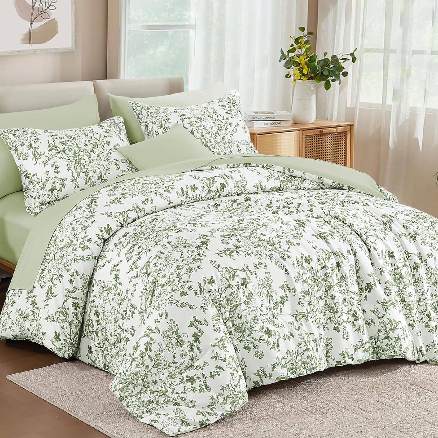 WONGS BEDDING 8 Pieces Queen Size Comforter Set Green, Sage Green Floral Bed in a Bag Comforter Sets, Soft Reversible Botanical Flowers Bedding Sets for All Season (90"x90") : Home &amp; Kitchen thumbnail 2