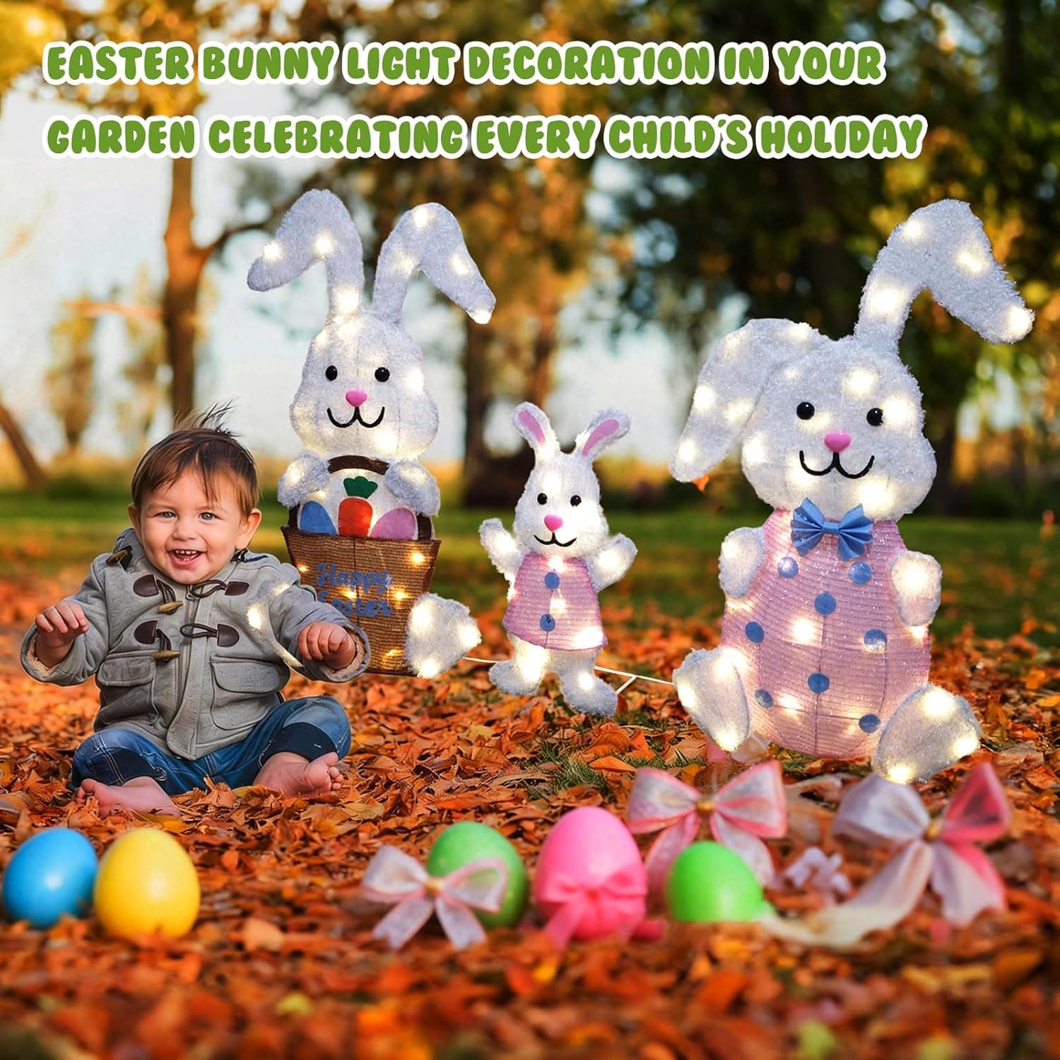 3-Piece Lighted Easter Bunny Outdoor Decorations with 85 LED Warm White Lights thumbnail 2