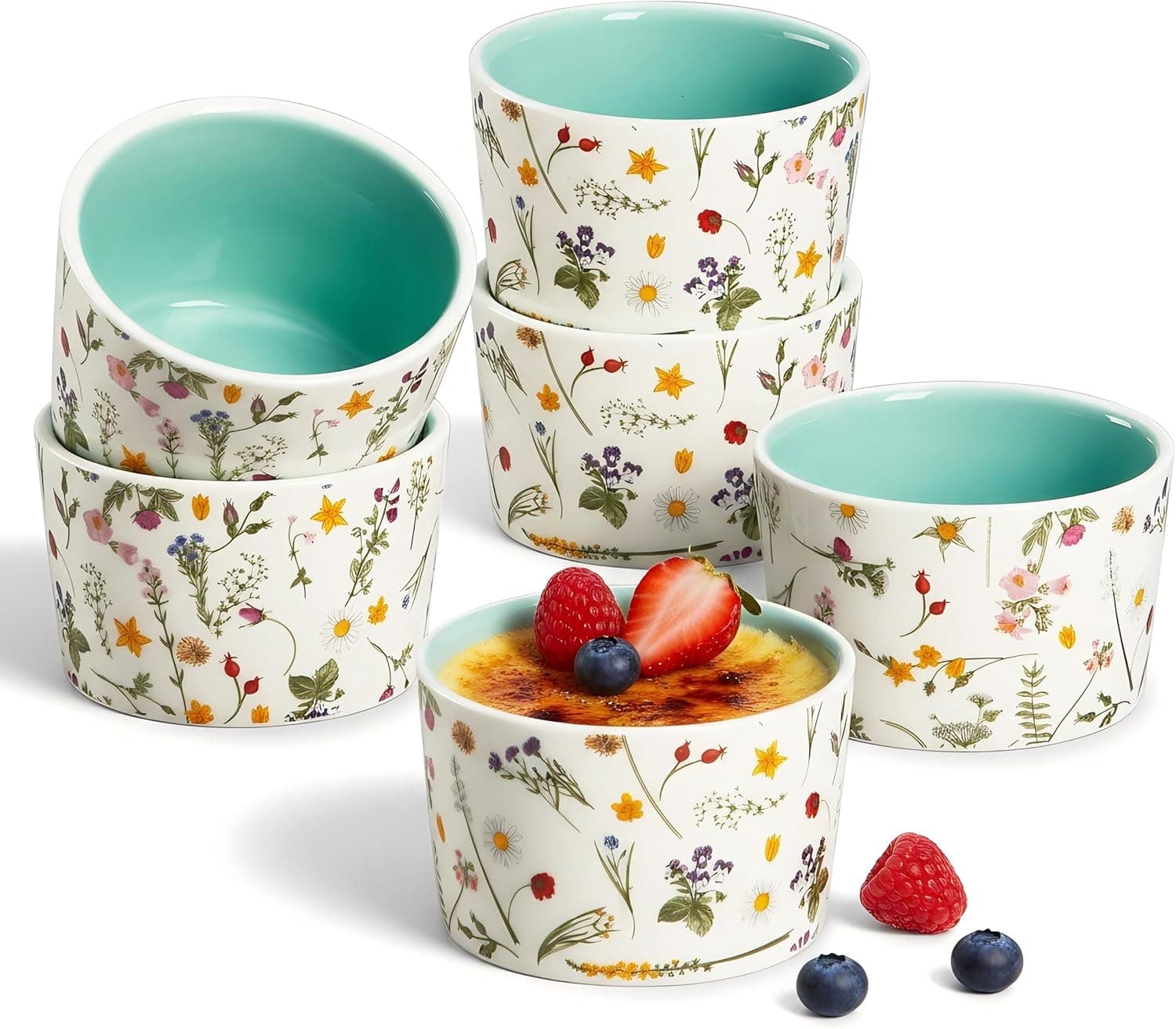 ONEMORE 6 oz Floral Ceramic Ramekins Set of 6 in Mint Green image 1