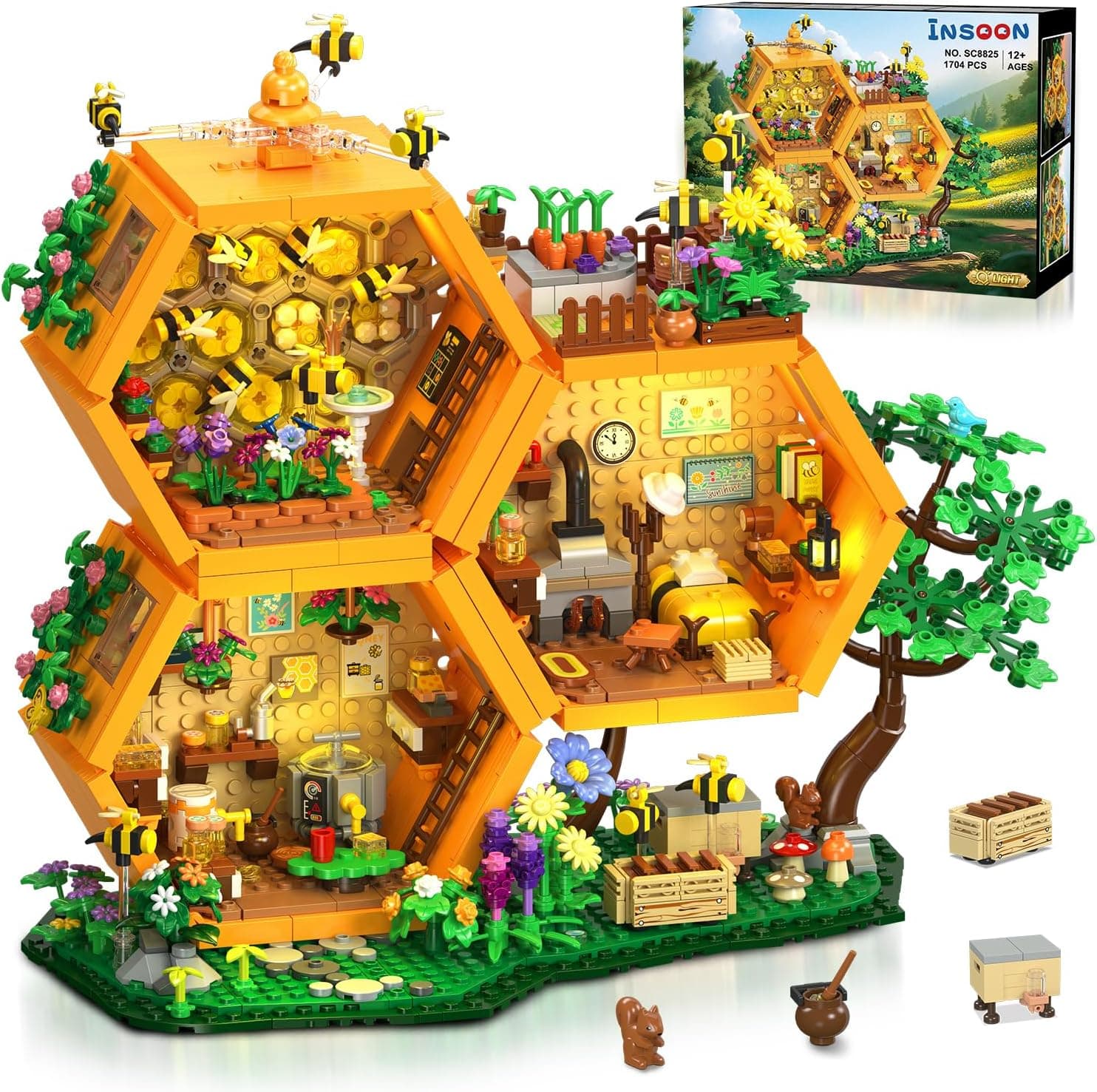 INSOON Farm Bee House Building Set with Lights, 1704PCS Honey Cabin Building Block Kit with Flowers Botanical Animals, Treehouse Construction Model Home Decor, Easter Gift for Adults Boys Girls 12+ : Toys &amp; Games image 1