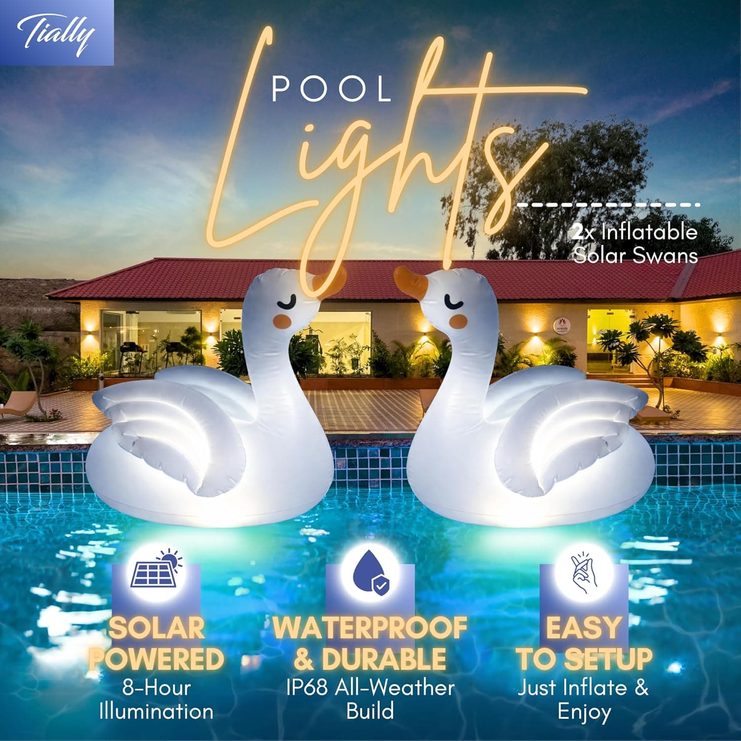 TIALLY Floating Pool Lights Solar Powered - Flamingo and Swan Pool Floats thumbnail 2