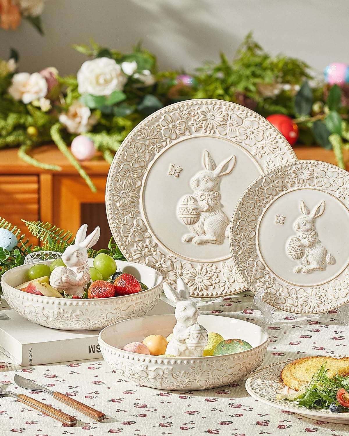 Metahom Easter Candy Dish, Ceramic Bunny Candy Bowl, Floral Decorative Bowl for Easter Home Decor, Office Treats, Party Snacks, 8 Inch, 28 Oz, Cream White: Candy Servers thumbnail 4