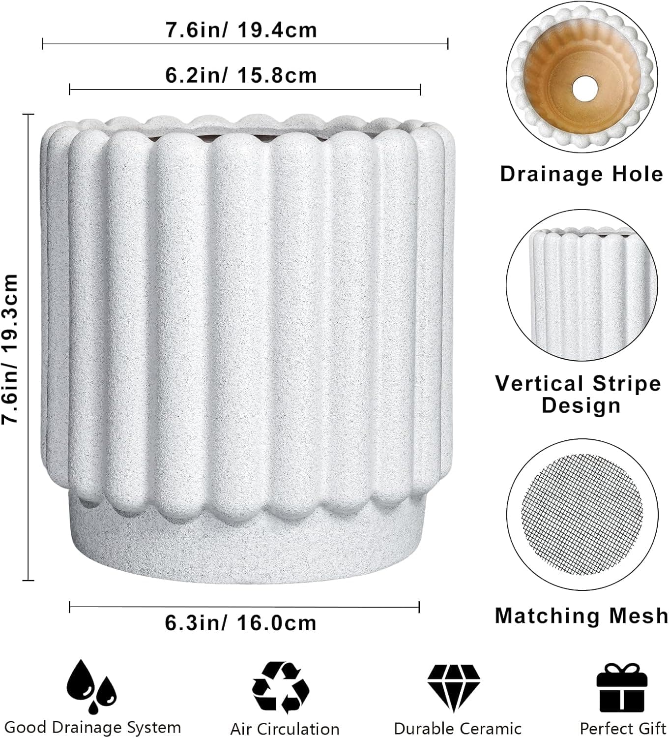 Ceramicfor Ceramic Planters for Indoor Plants - 7.6 Inch White Round Flower Pots with Drainage Hole thumbnail 3